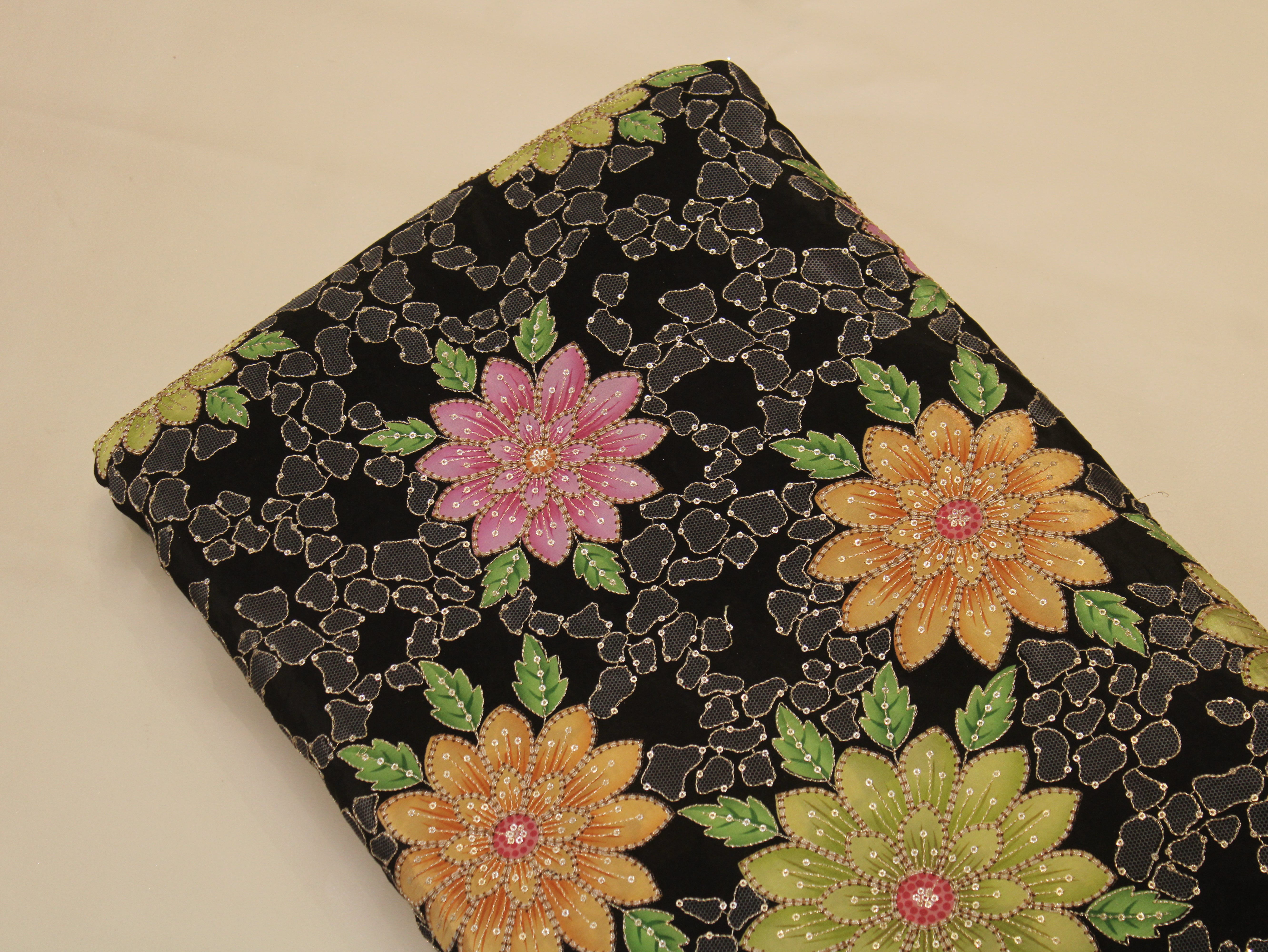 Natural Crepe Position Print Floral Fabric | Black | 52 Inch