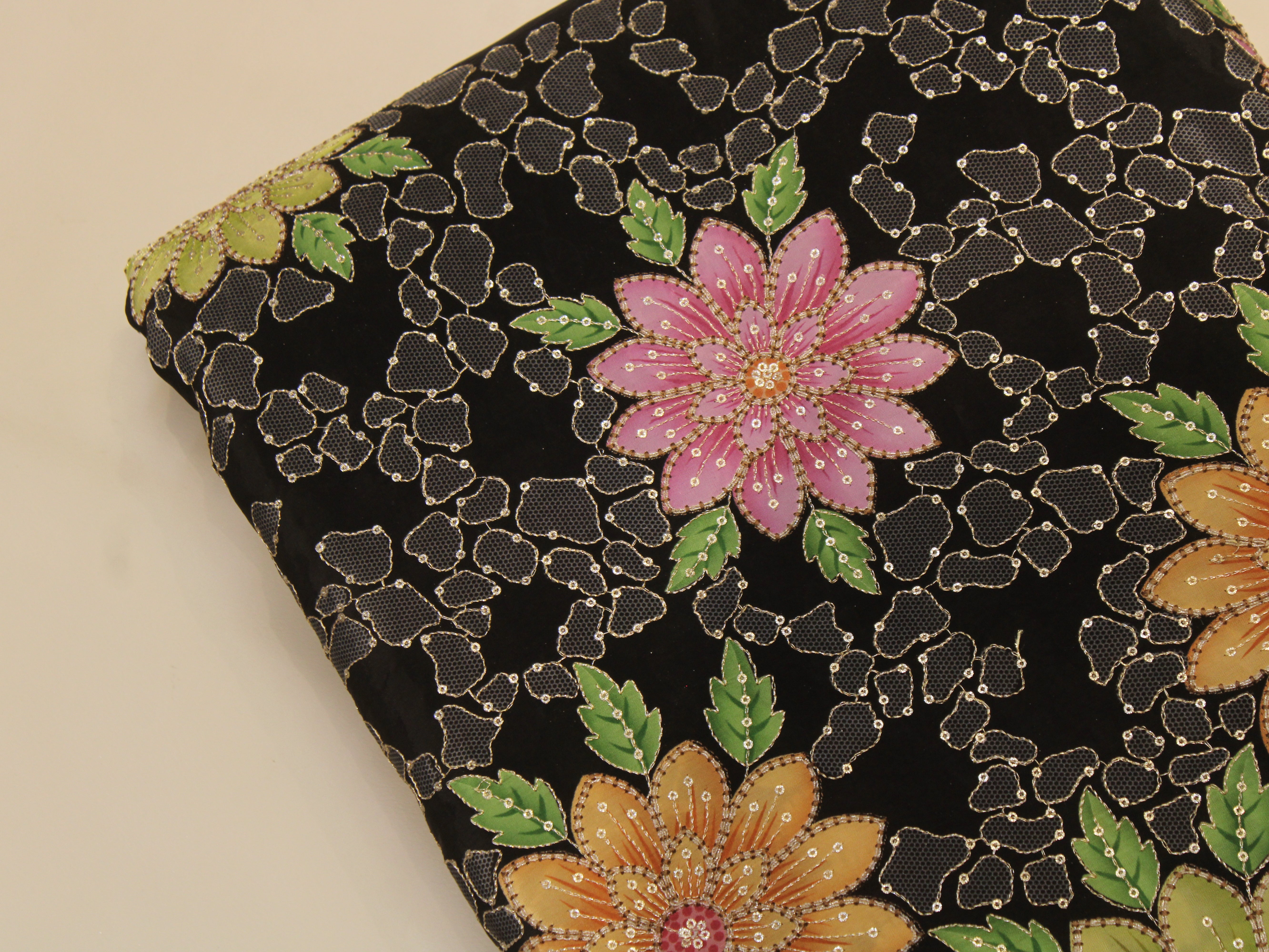 Natural Crepe Position Print Floral Fabric | Black | 52 Inch