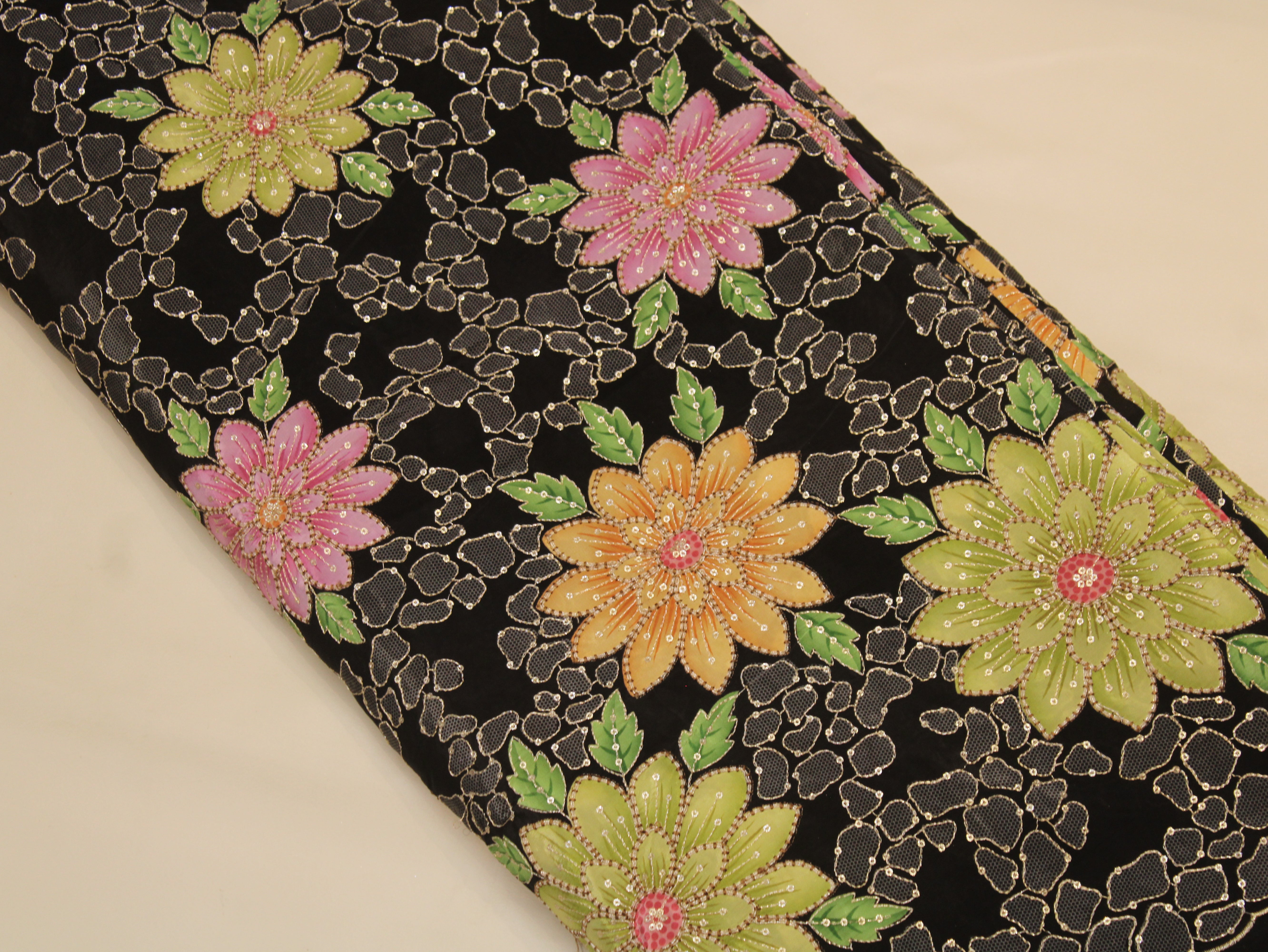 Natural Crepe Position Print Floral Fabric | Black | 52 Inch