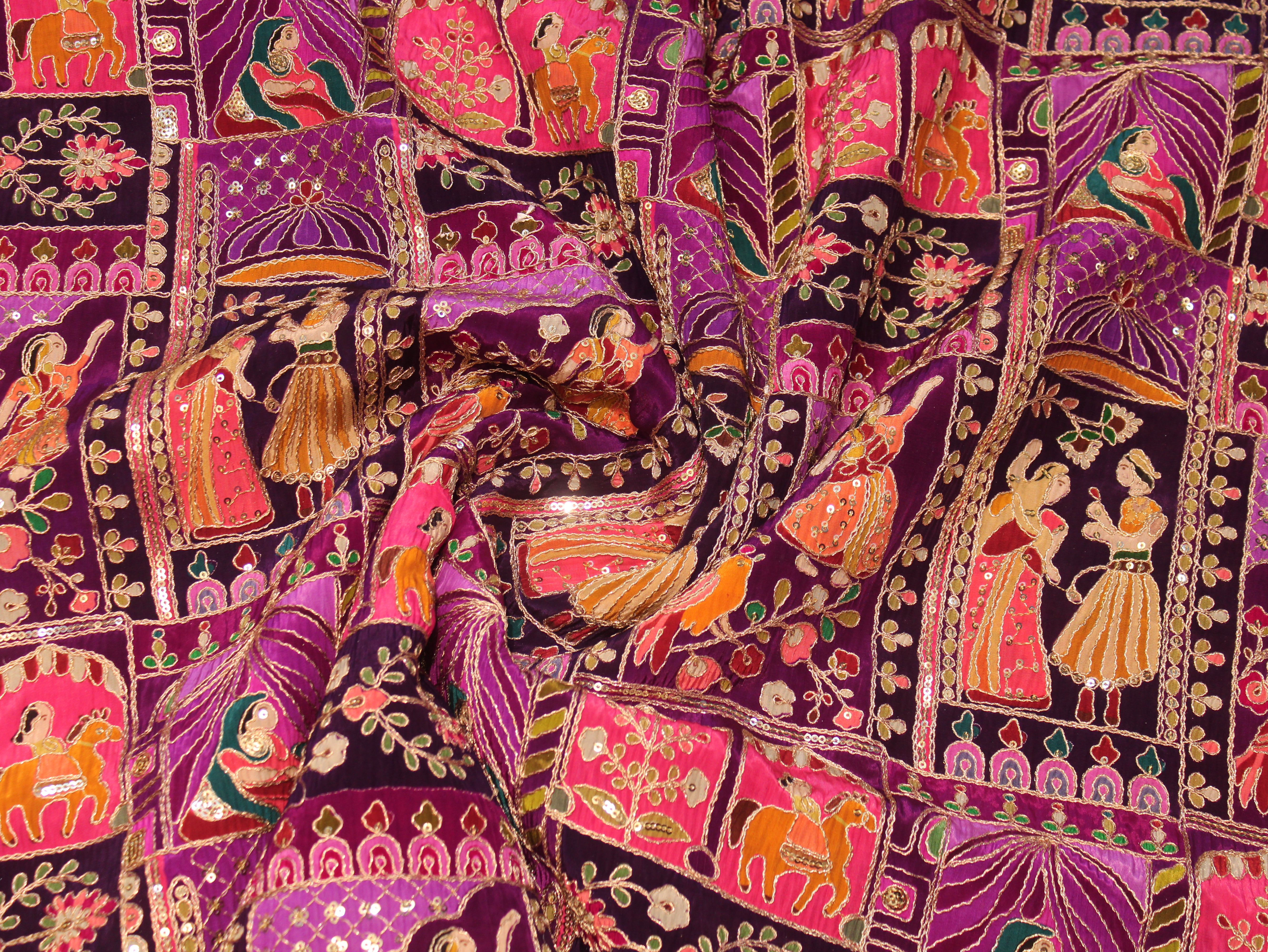 Natural Crepe Position Cording Work Fabric | Purple
