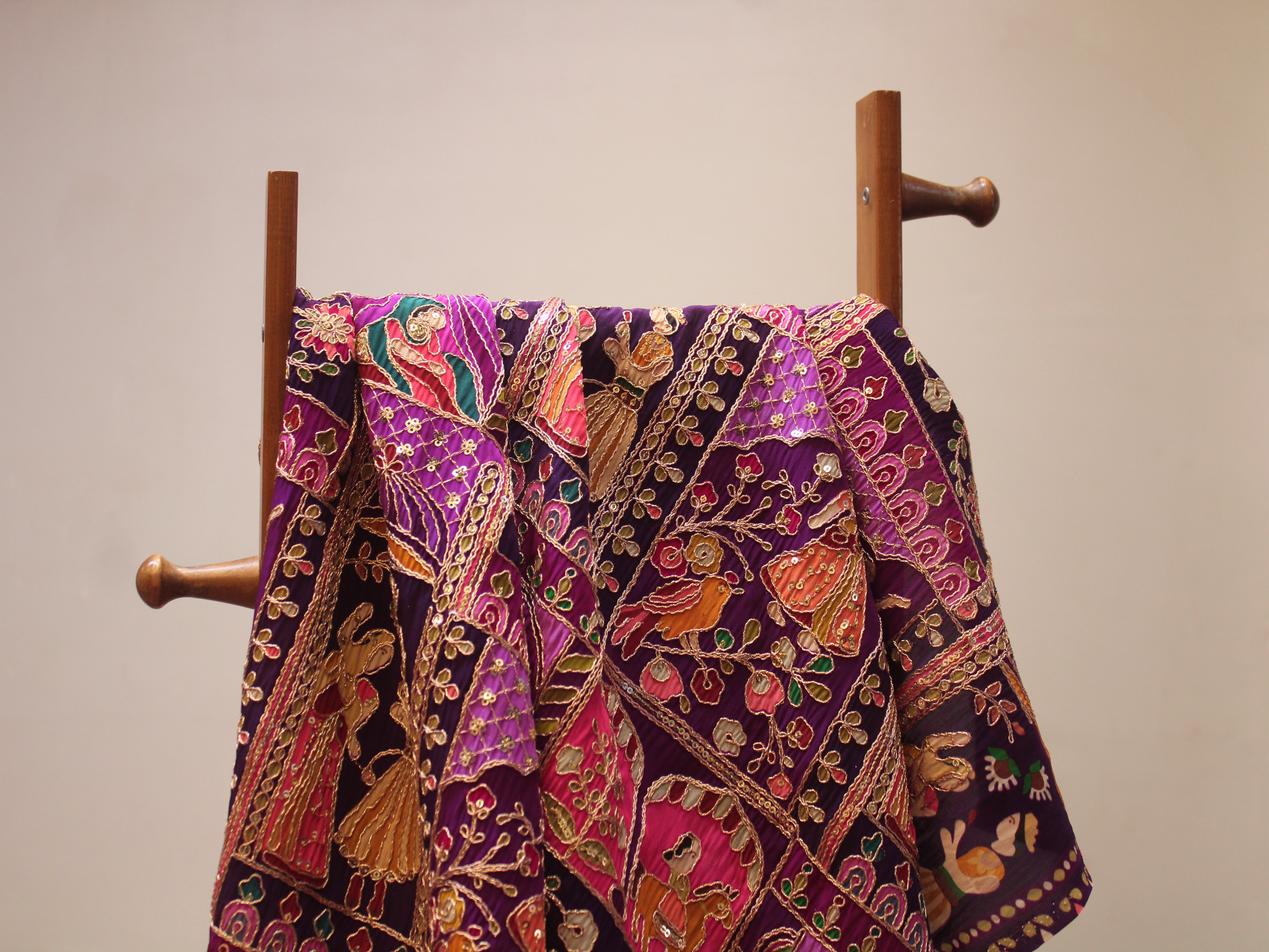 Natural Crepe Position Cording Work Fabric | Purple