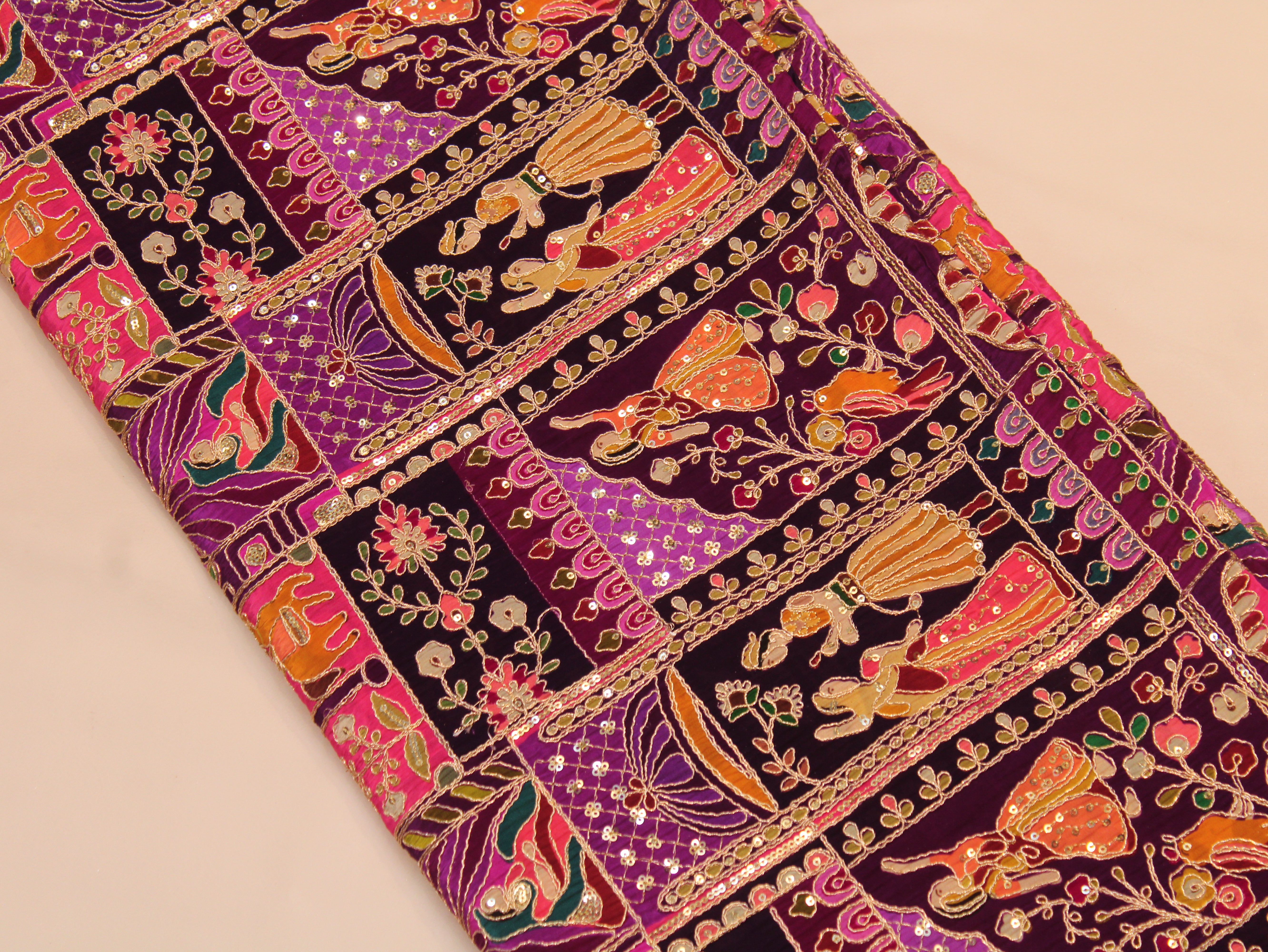 Natural Crepe Position Cording Work Fabric | Purple