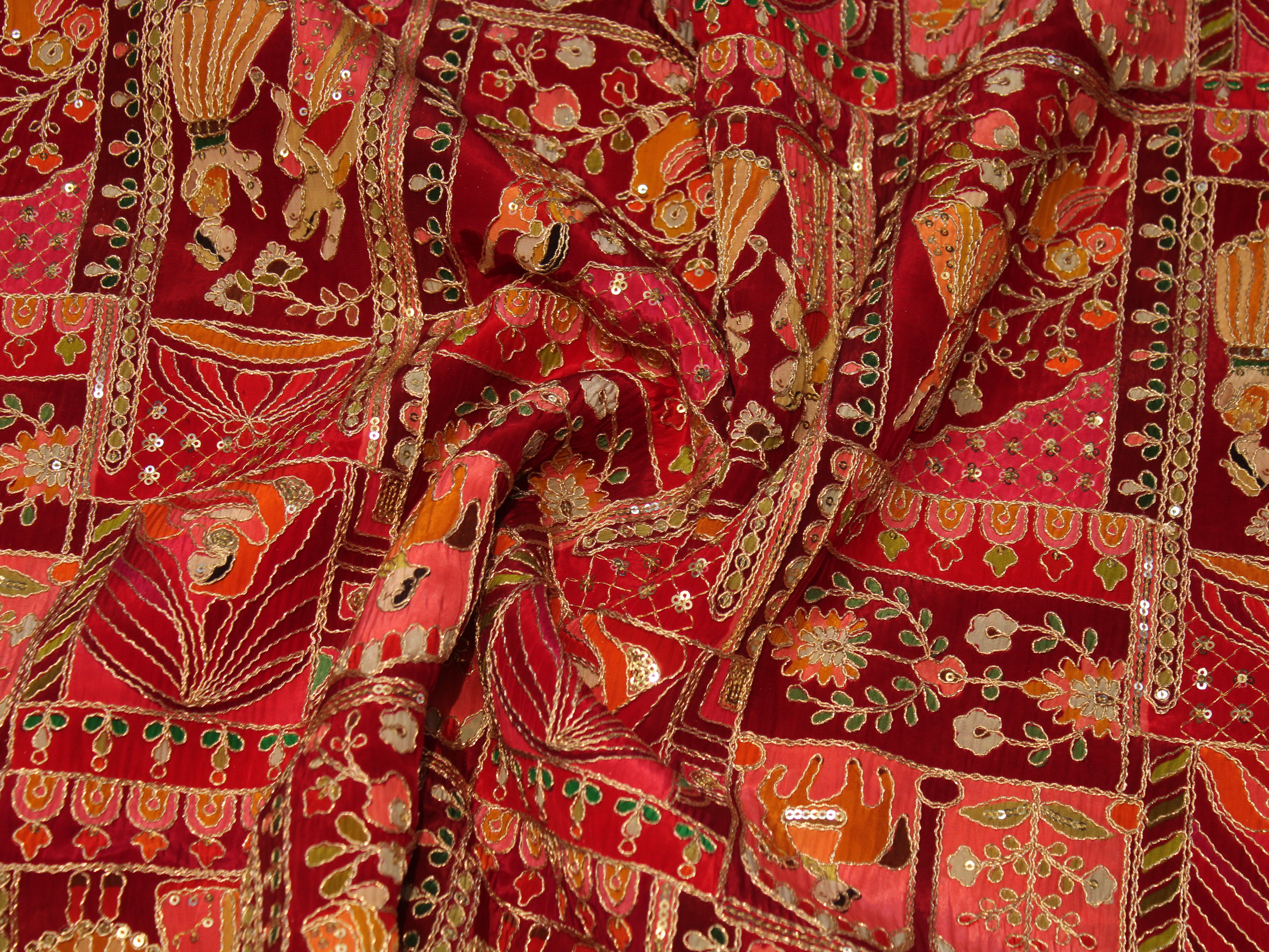 Natural Crepe Position Cording Work Fabric | Red