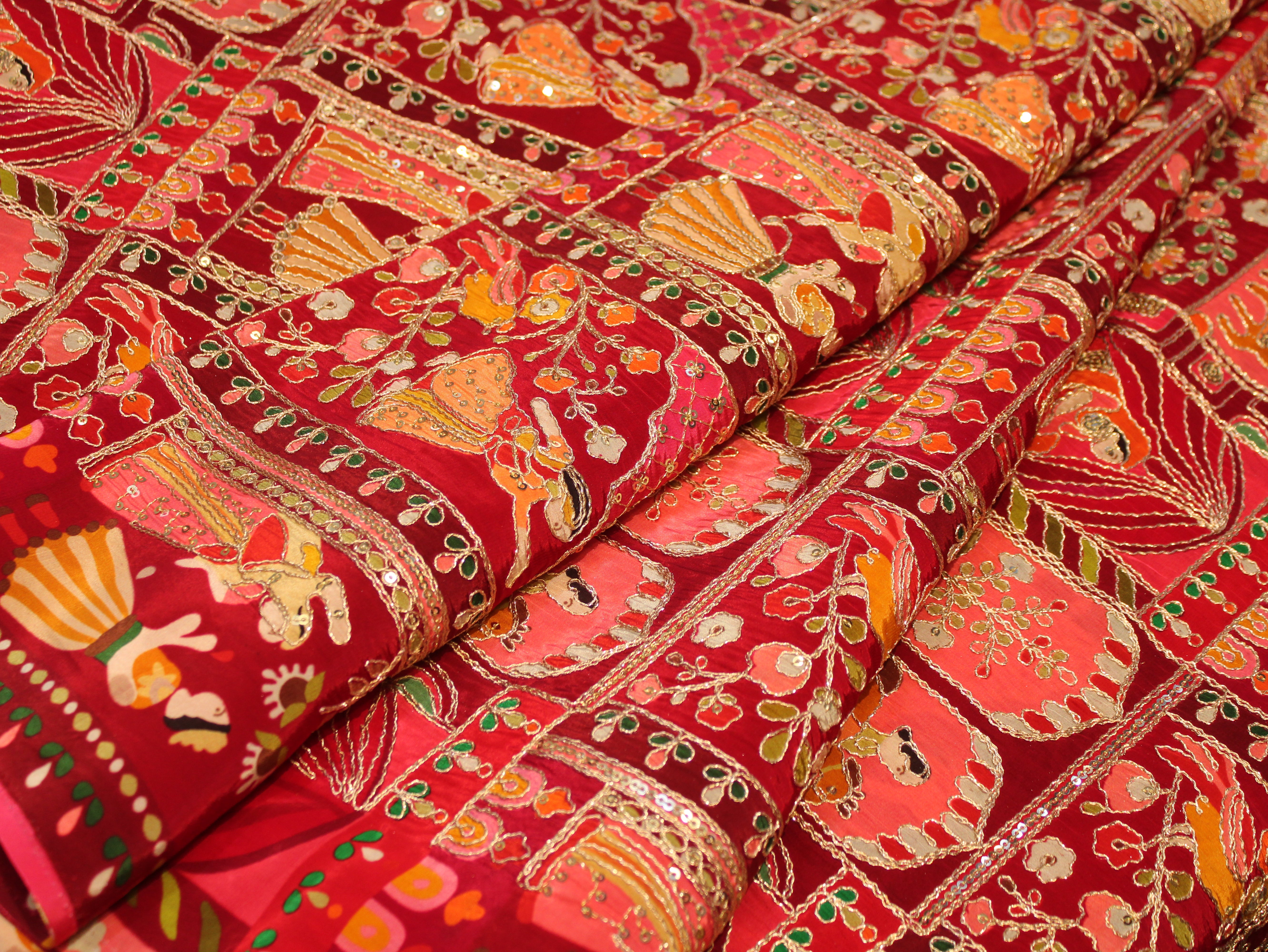 Natural Crepe Position Cording Work Fabric | Red