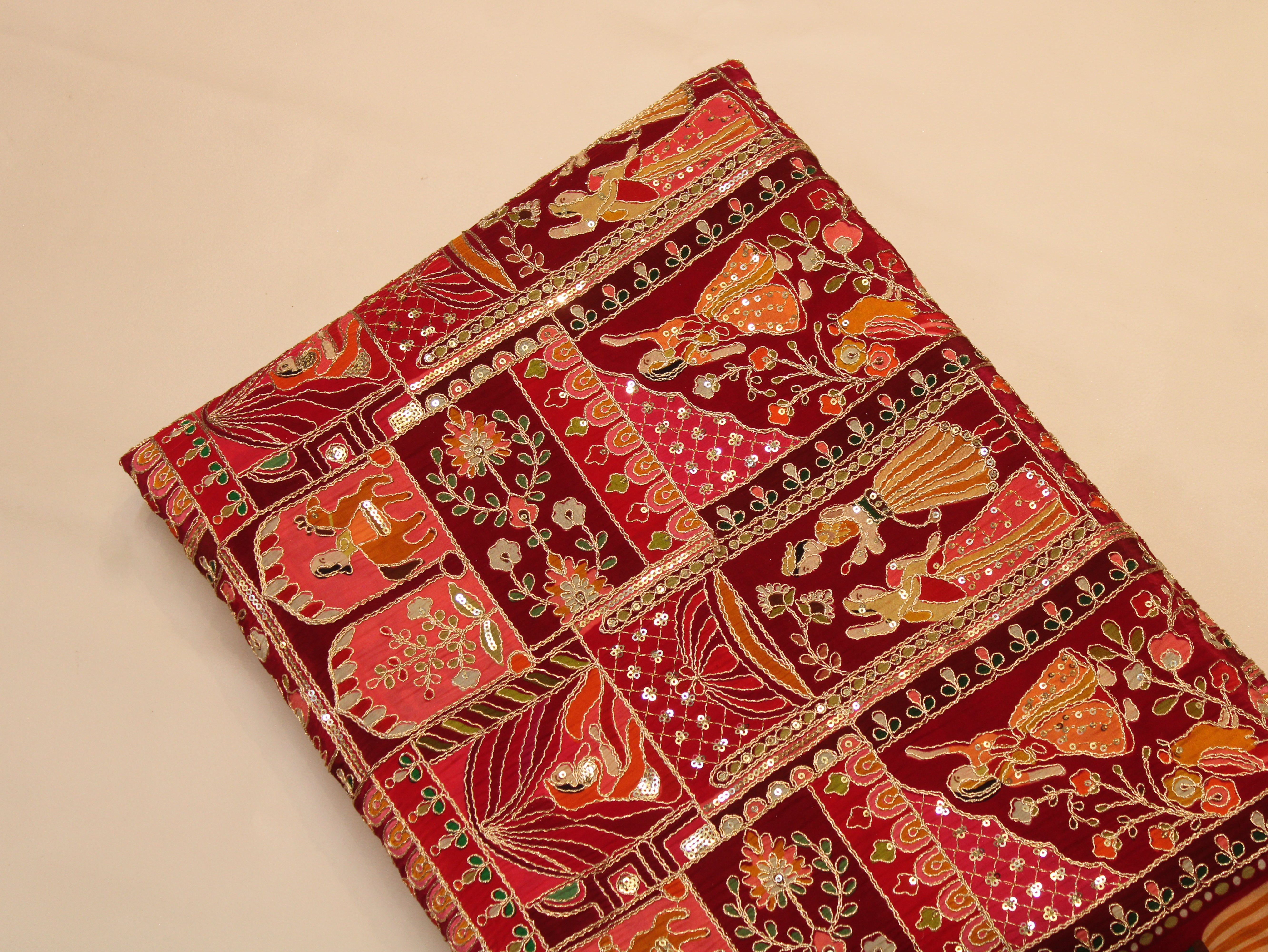 Natural Crepe Position Cording Work Fabric | Red