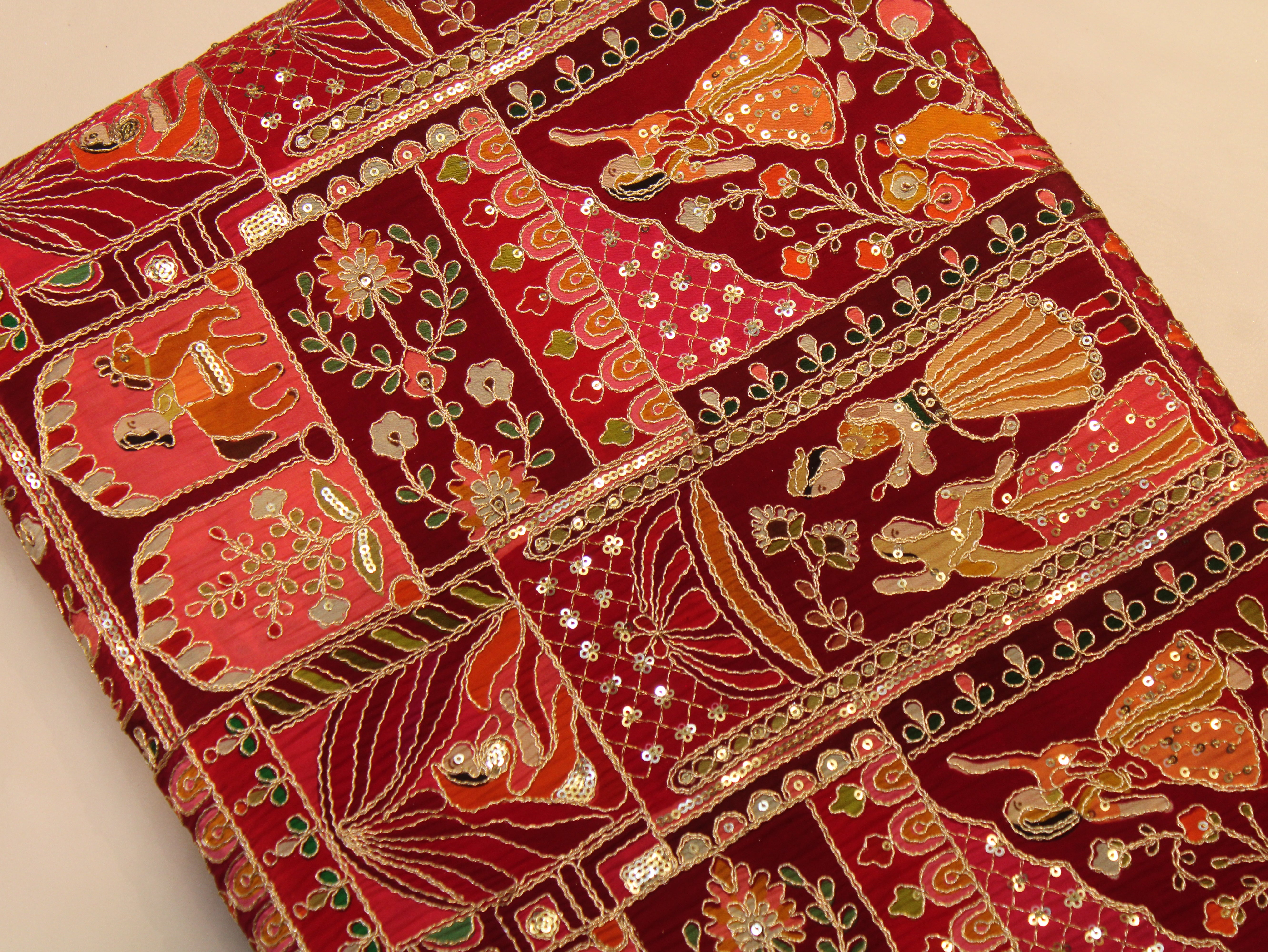Natural Crepe Position Cording Work Fabric | Red