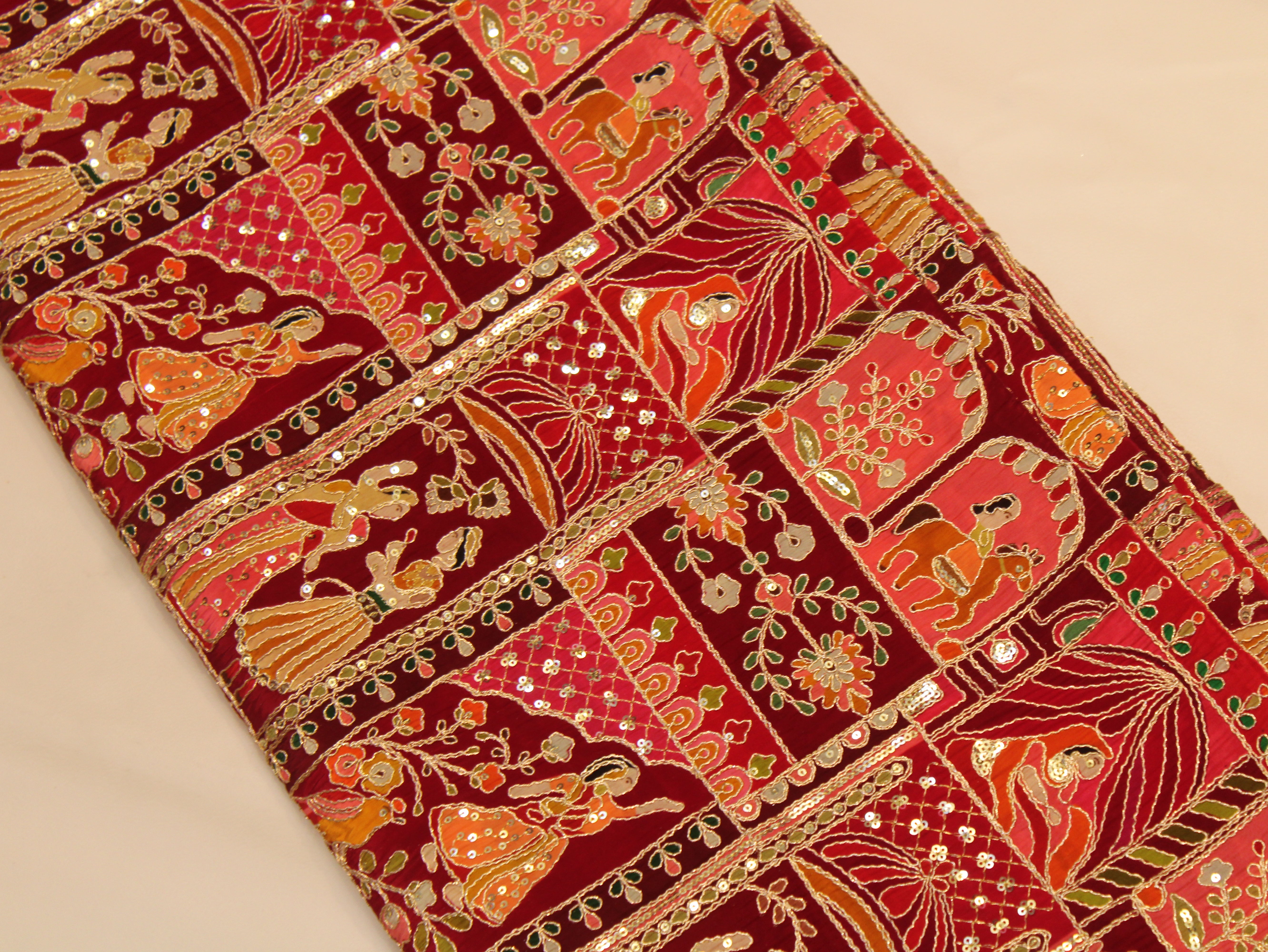 Natural Crepe Position Cording Work Fabric | Red