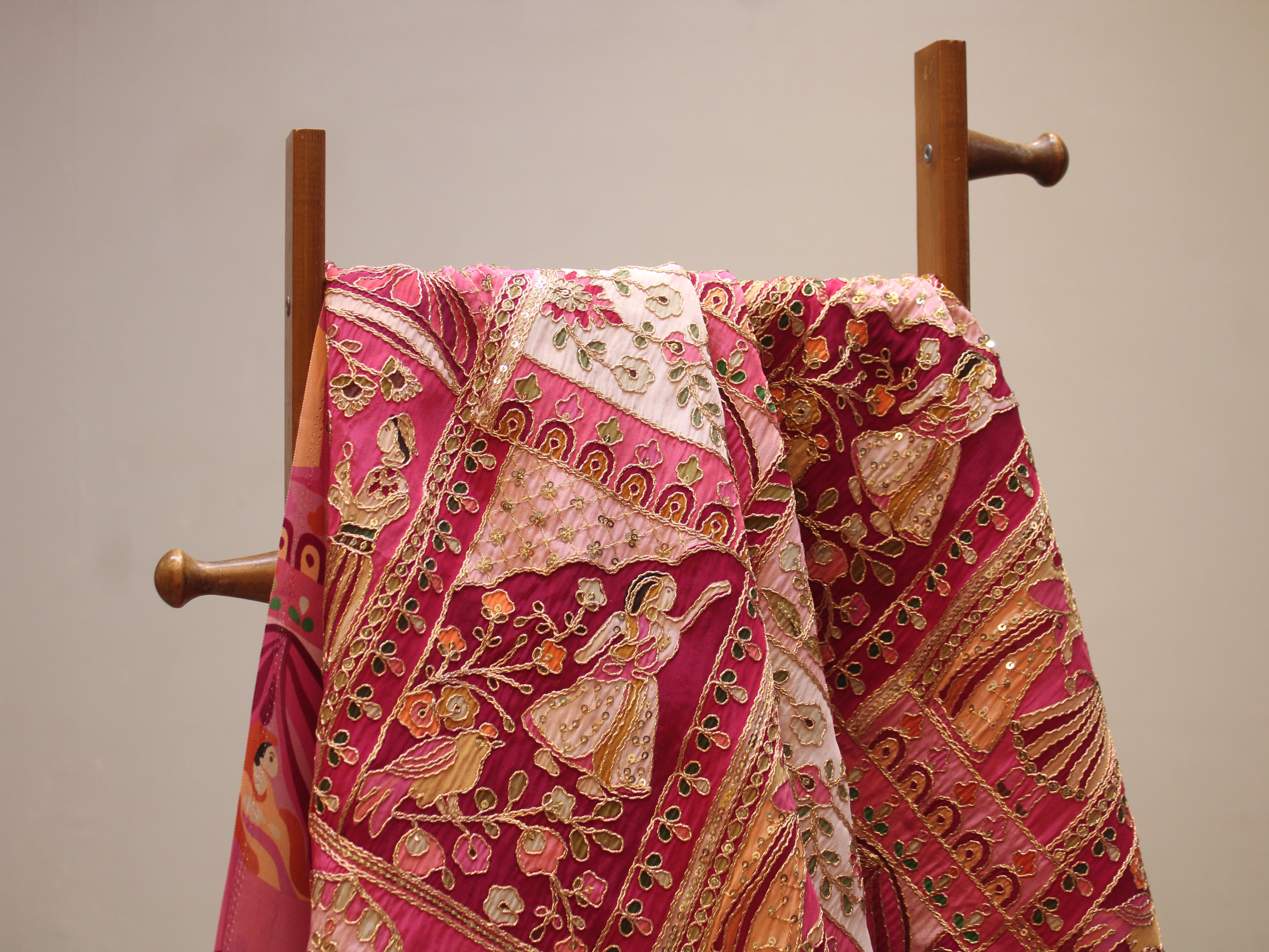 Natural Crepe Position Cording Work Fabric | Peach