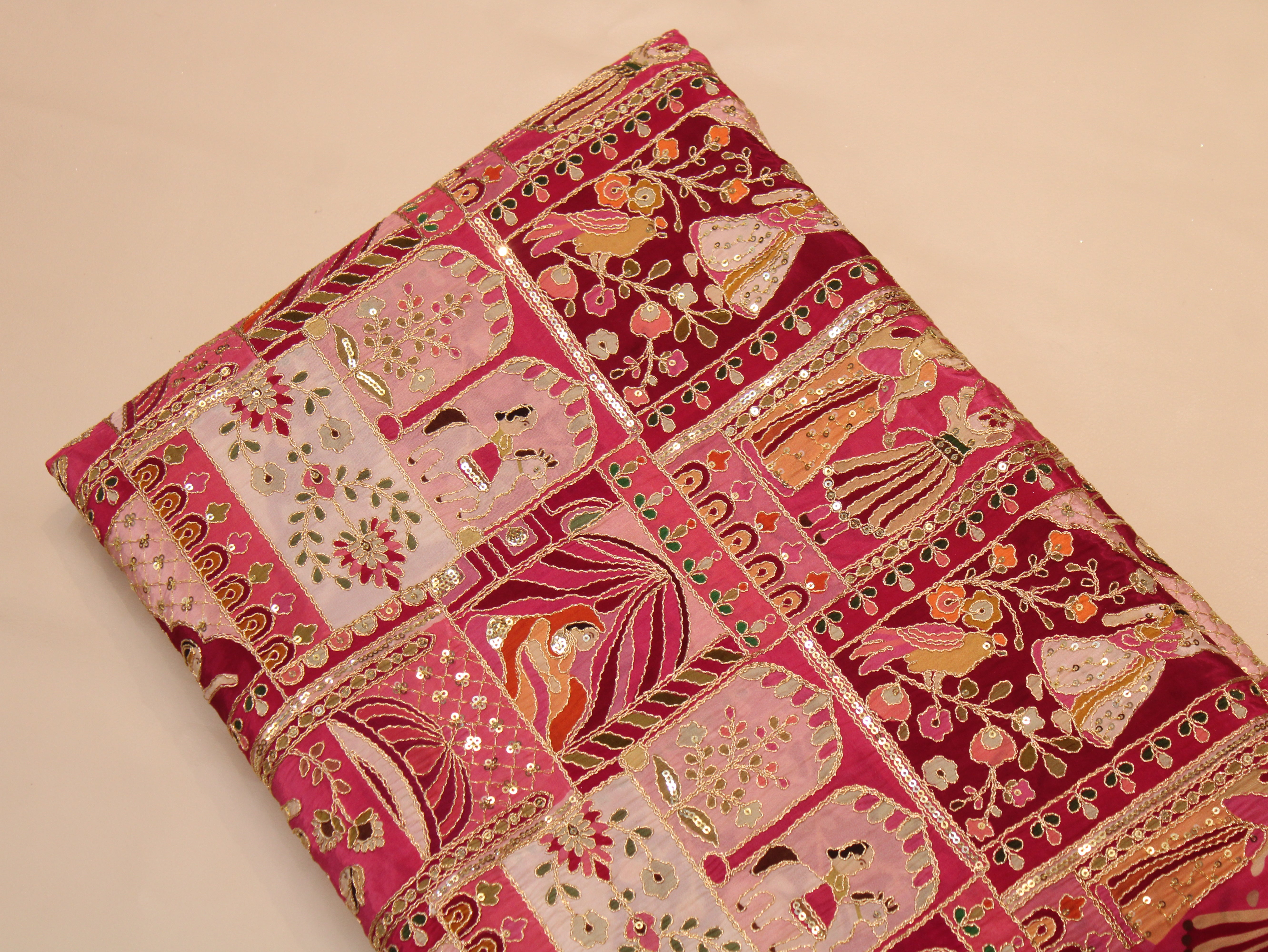 Natural Crepe Position Cording Work Fabric | Peach