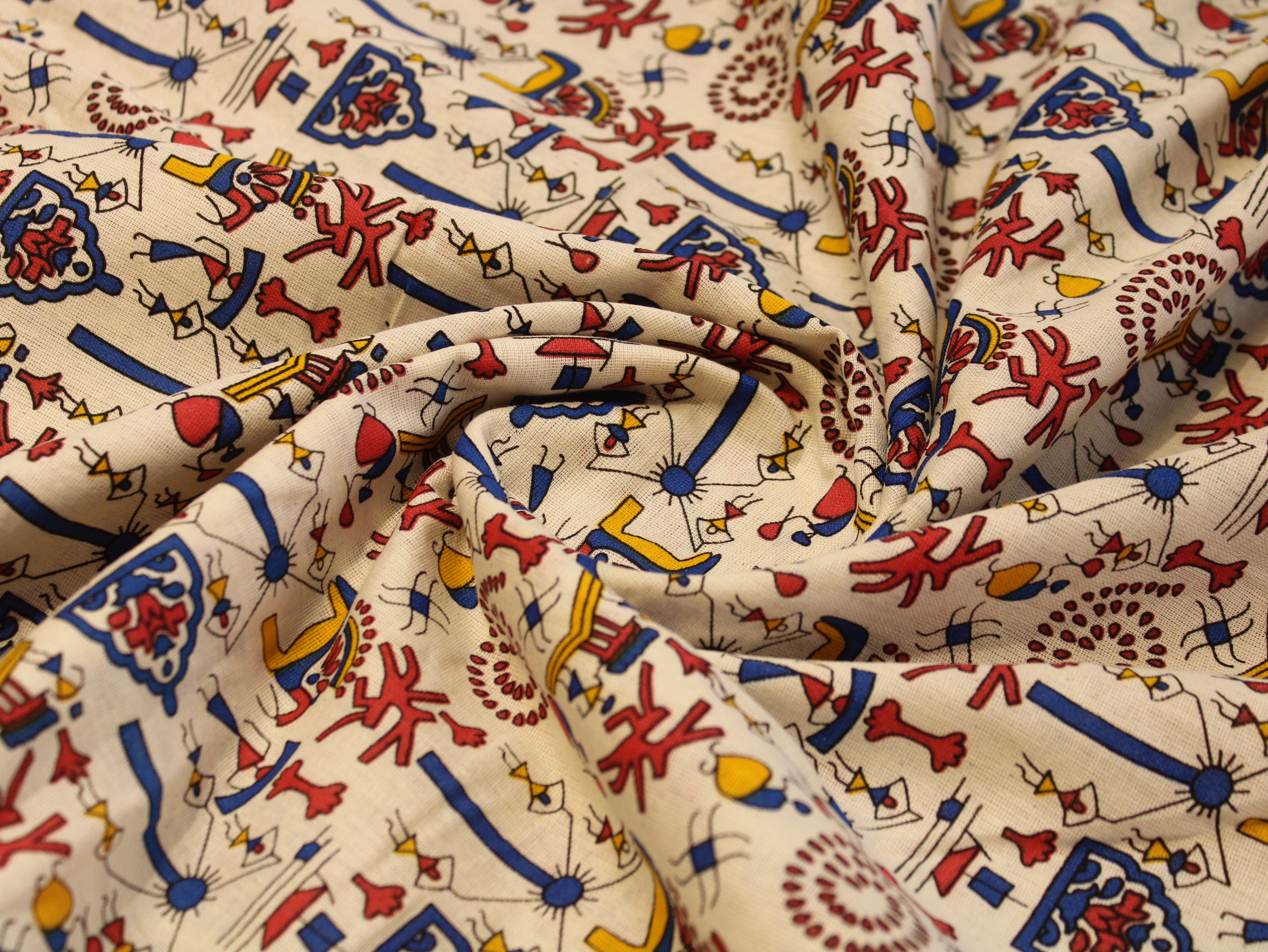 Flex Cotton Warli Screen Discharge Print Fabric - Blue