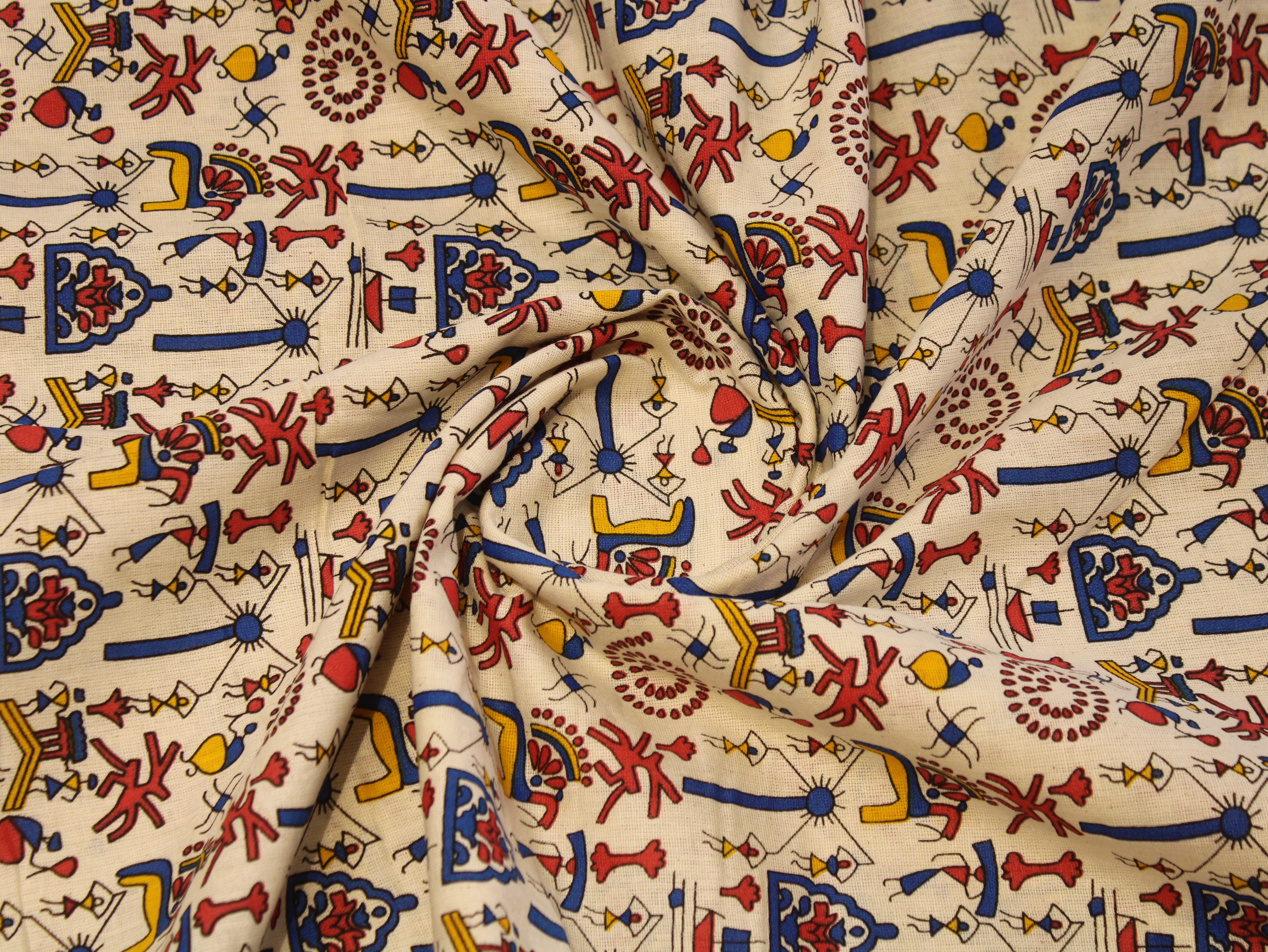 Flex Cotton Warli Screen Discharge Print Fabric - Blue