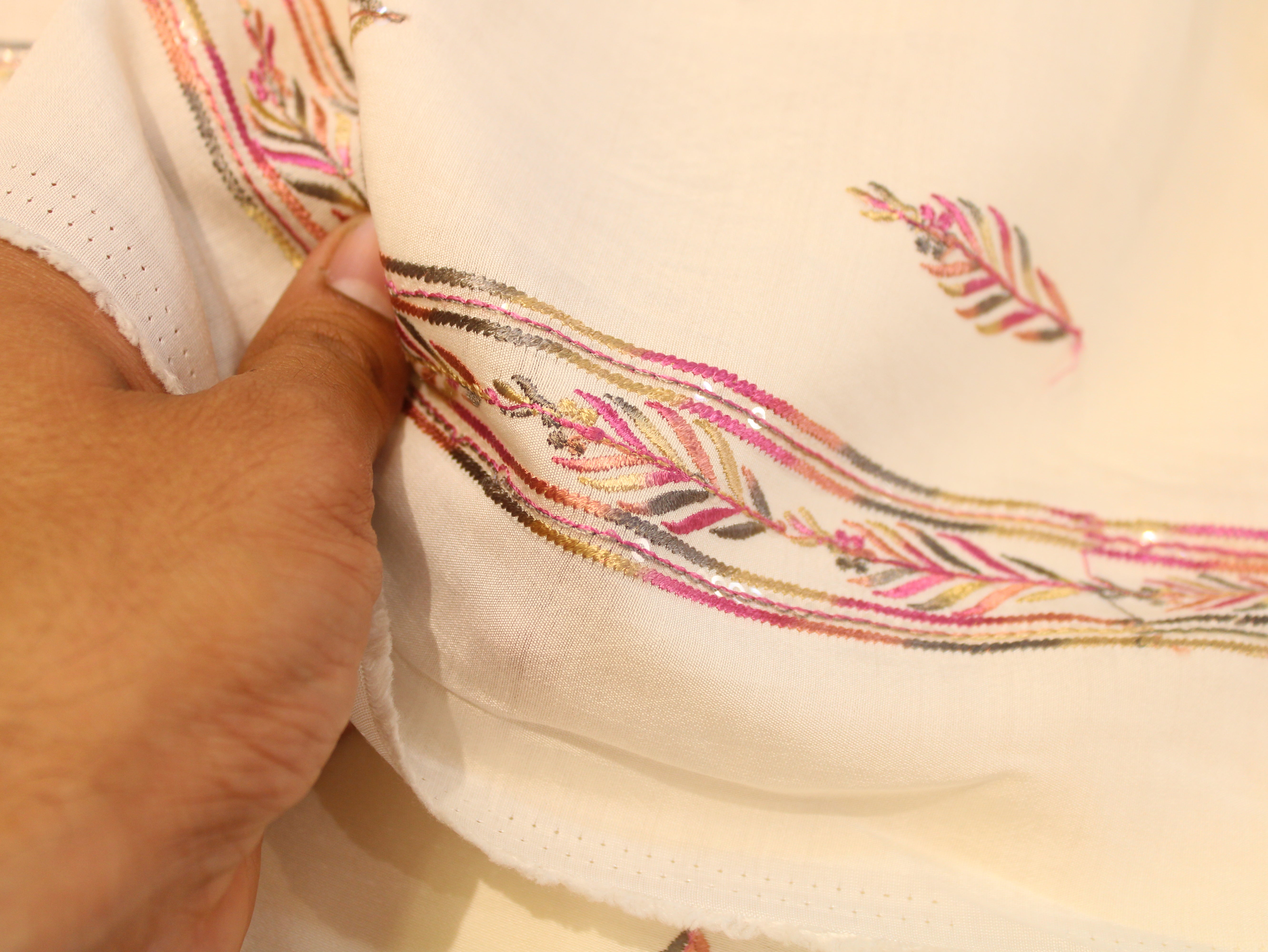 Pure Chanderi Silk Fabric for Kurta — Pink Embroidery