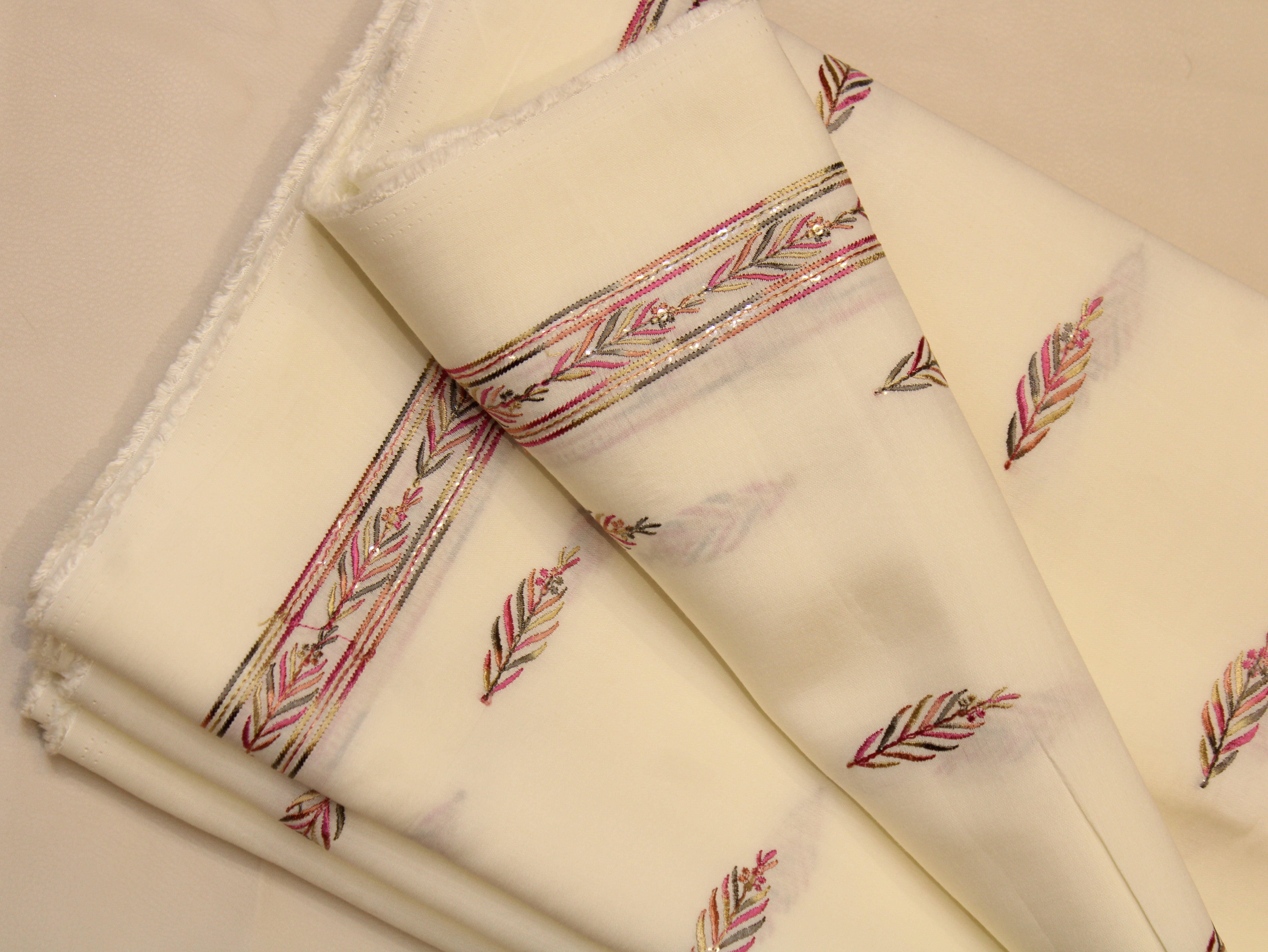 Pure Chanderi Silk Fabric for Kurta — Pink Embroidery