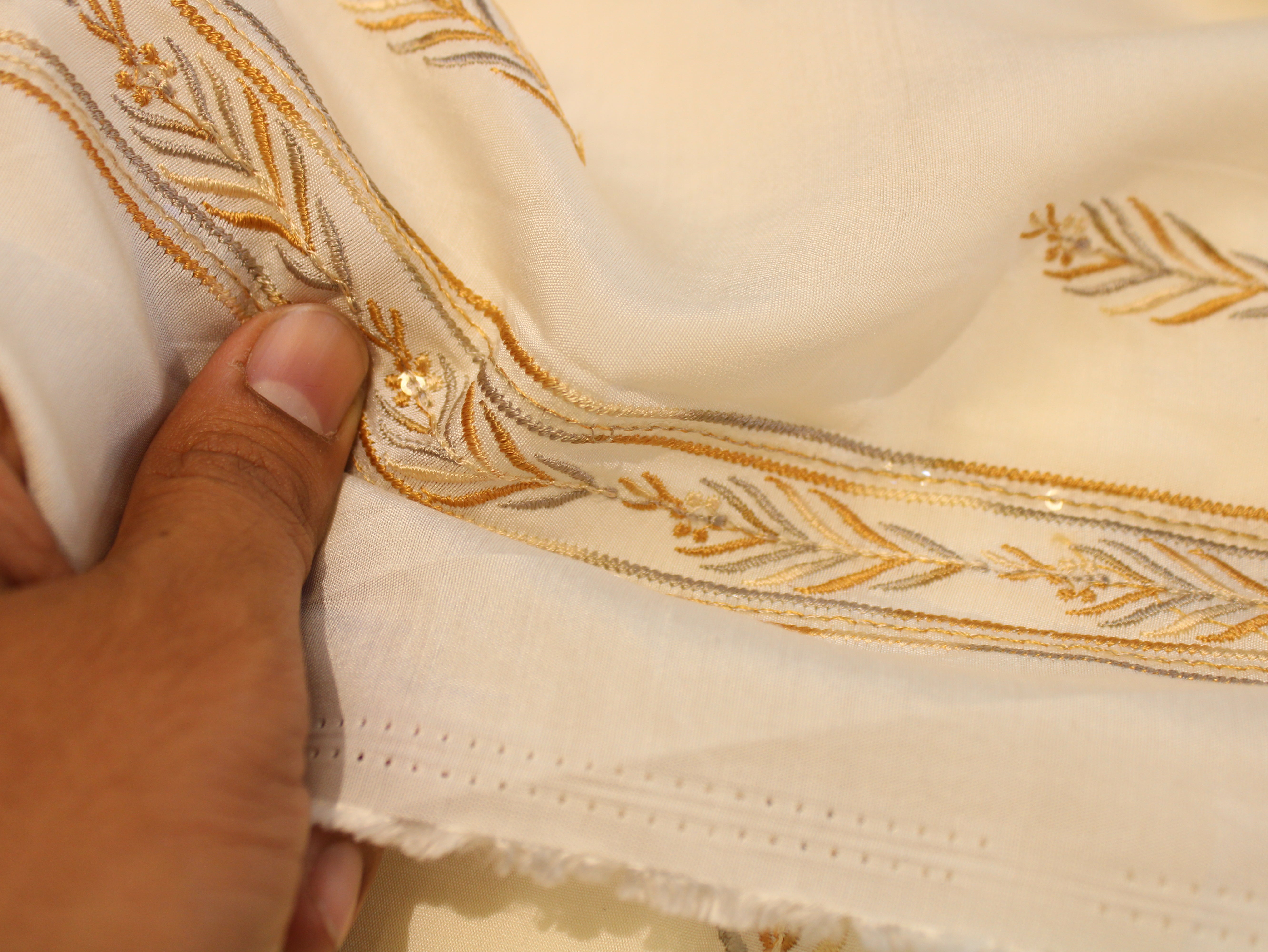 Pure Chanderi Silk Fabric for Kurta — Gold Embroidery