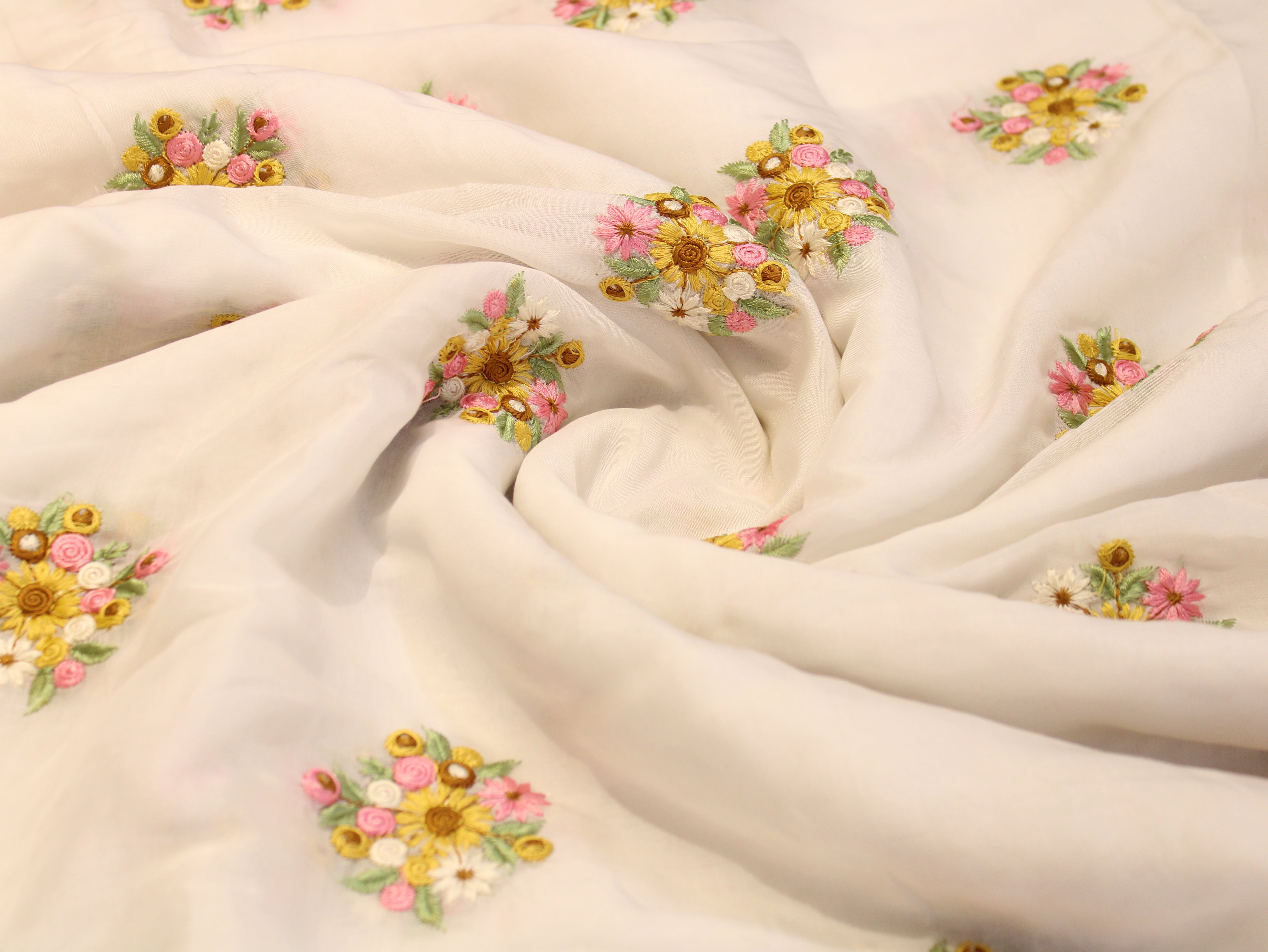 Mal Chanderi Fabric with Floral Bouquet Embroidery — Off-White | Multicolour | 44 Inch
