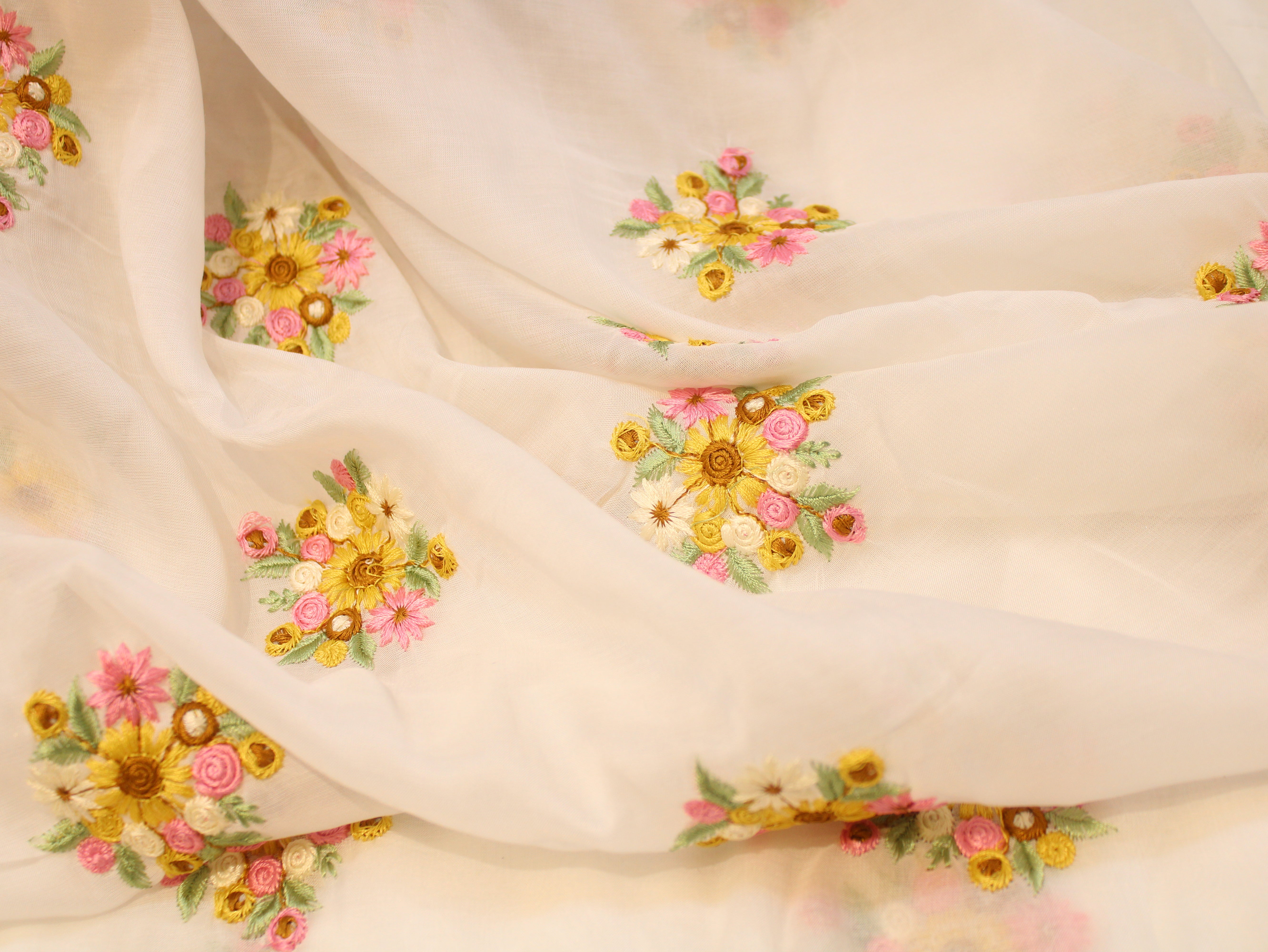 Mal Chanderi Fabric with Floral Bouquet Embroidery — Off-White | Multicolour | 44 Inch