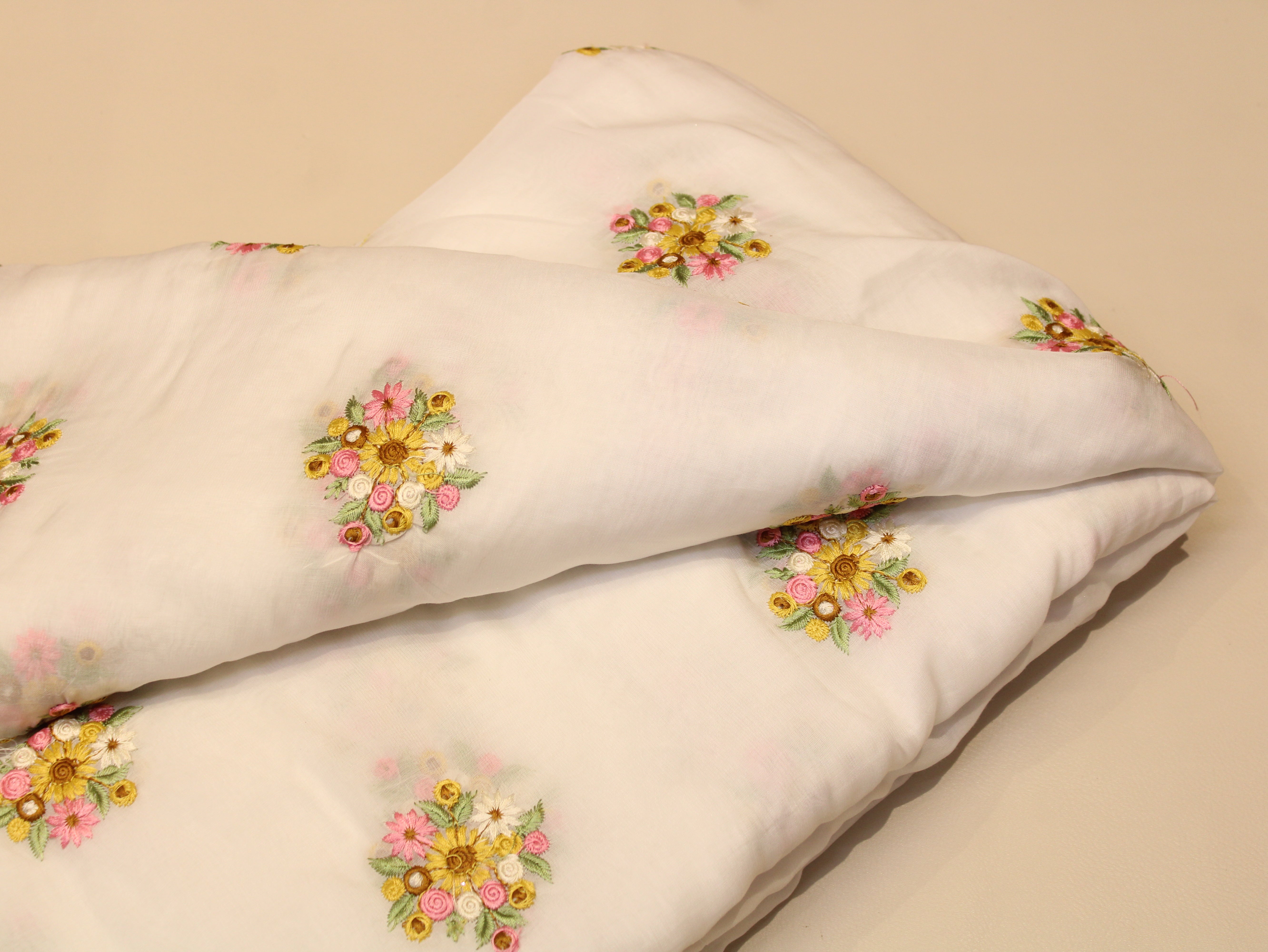 Mal Chanderi Fabric with Floral Bouquet Embroidery — Off-White | Multicolour | 44 Inch