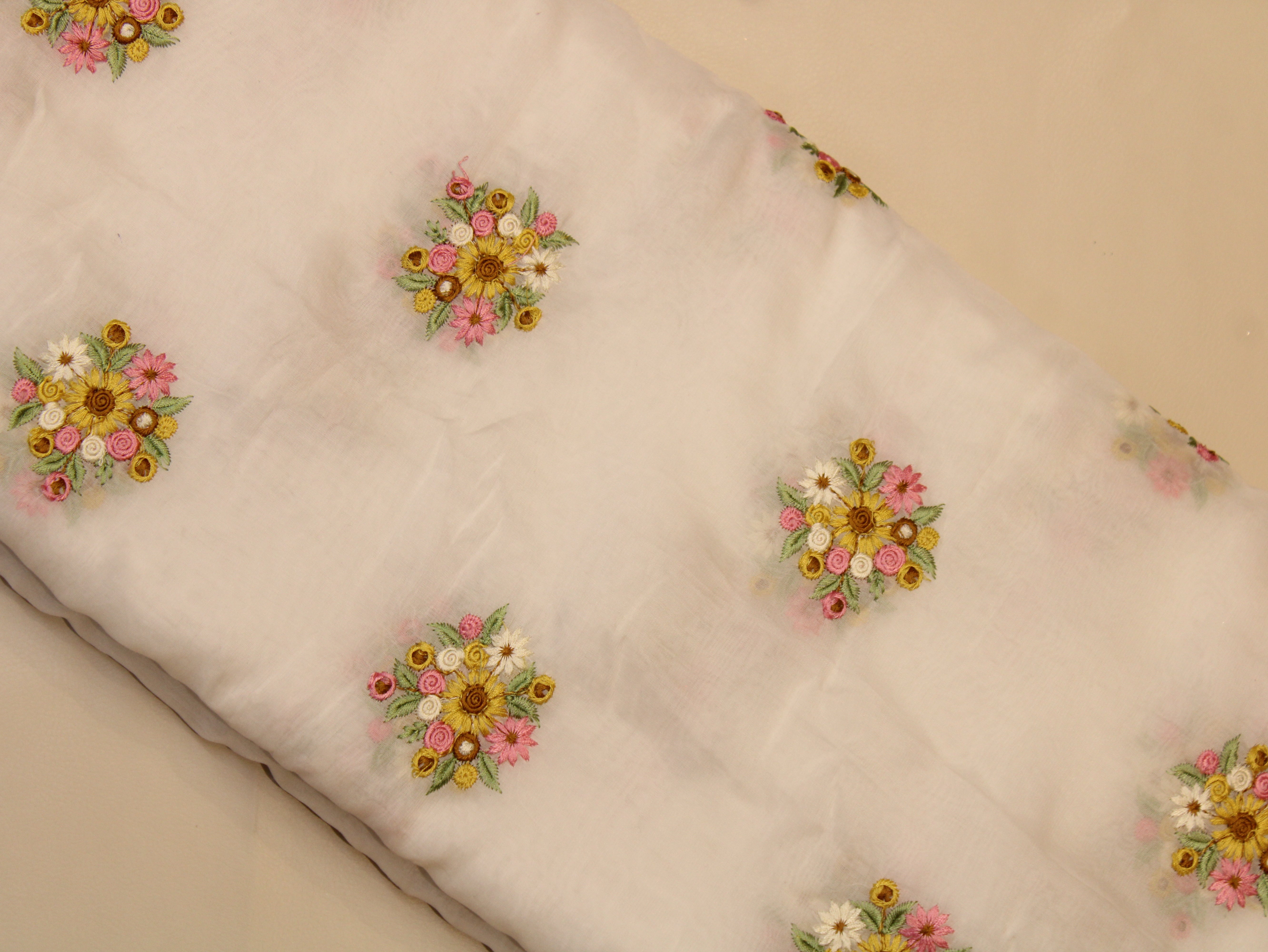 Mal Chanderi Fabric with Floral Bouquet Embroidery — Off-White | Multicolour | 44 Inch