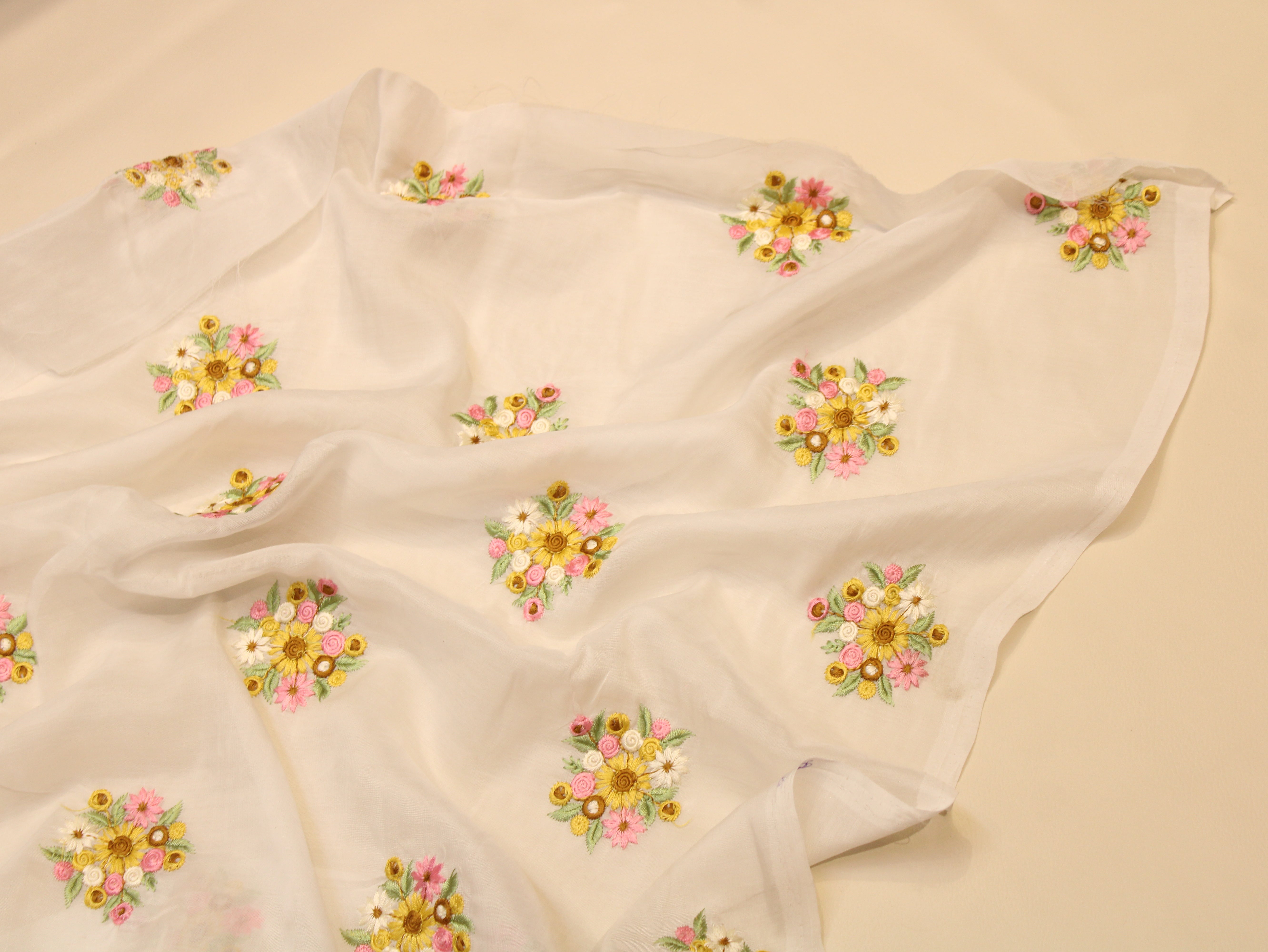 Mal Chanderi Fabric with Floral Bouquet Embroidery — Off-White | Multicolour | 44 Inch