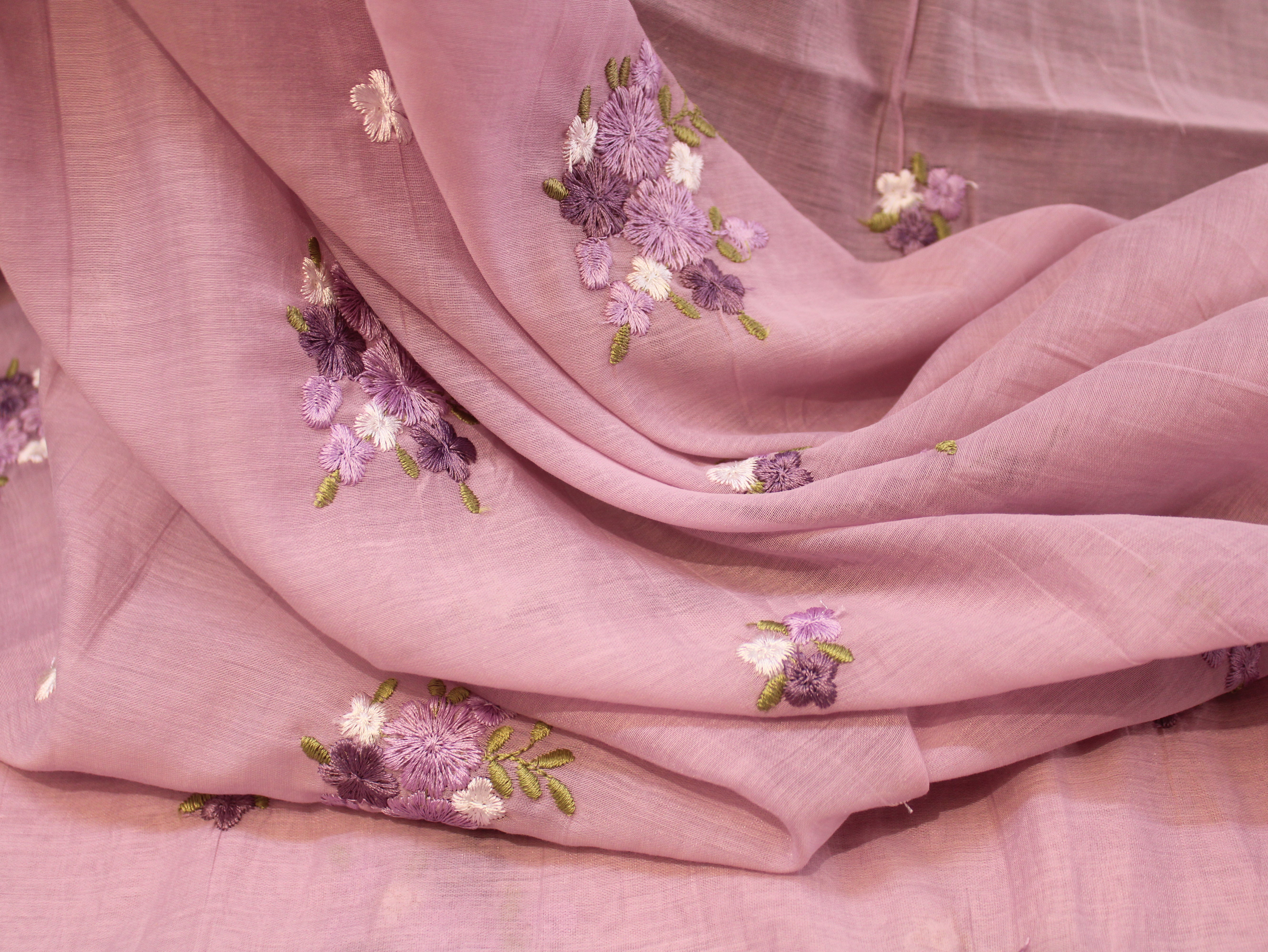 Mal Chanderi Fabric with Floral Bouquet Embroidery — Mauve
