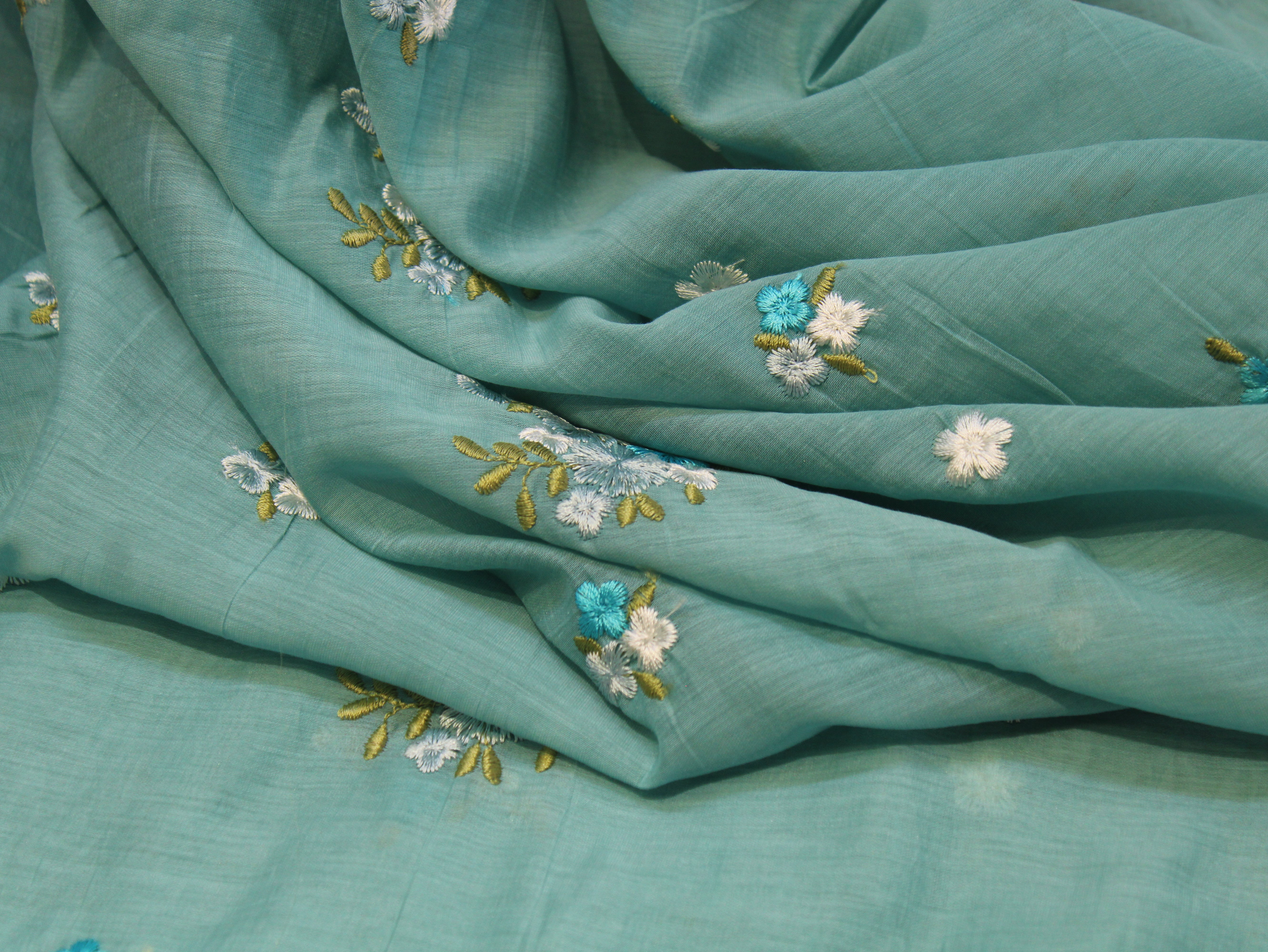 Mal Chanderi Fabric with Floral Bouquet Embroidery — Sea Blue