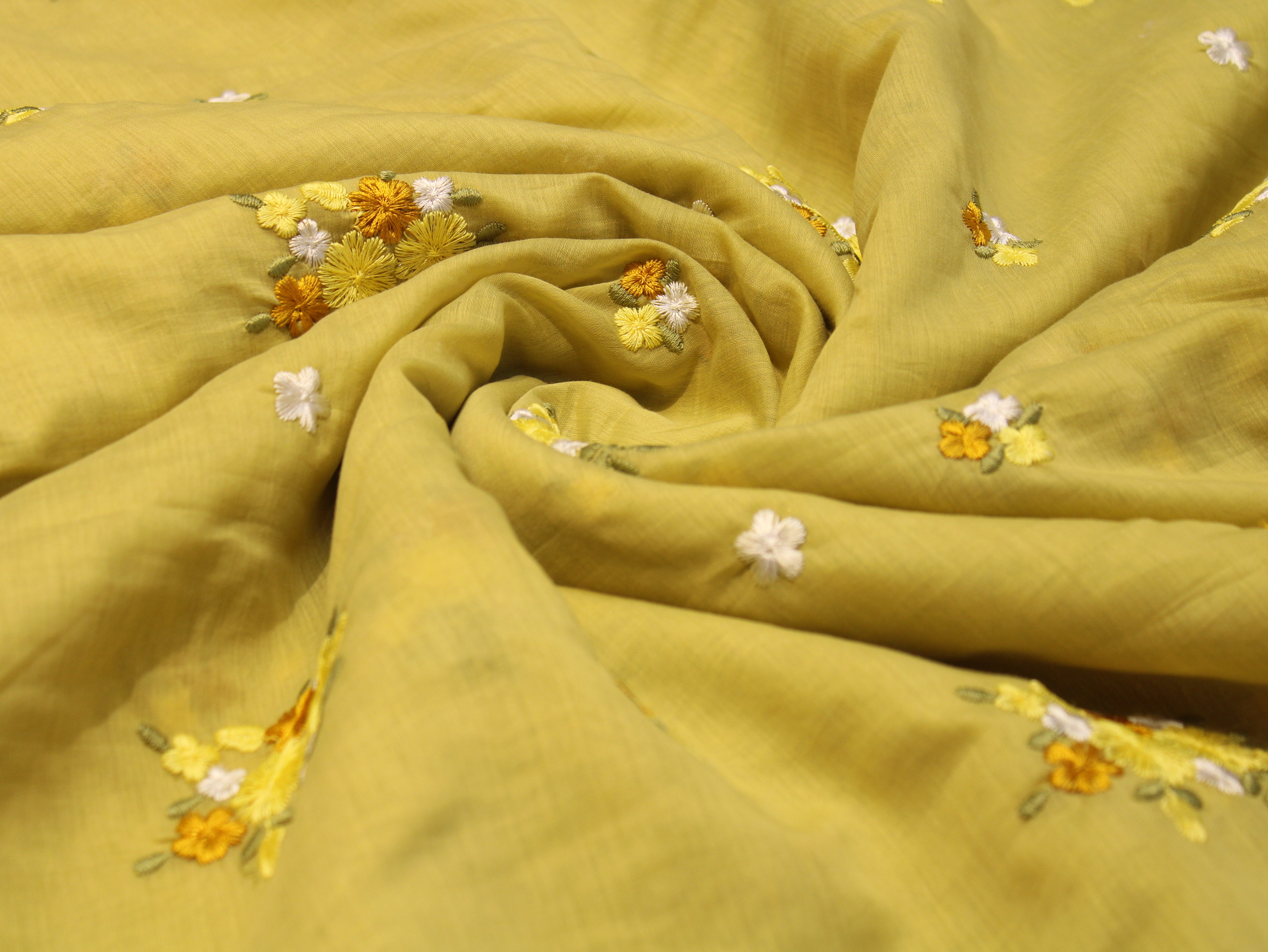 Mal Chanderi Fabric with Floral Bouquet Embroidery — Pastel Yellow