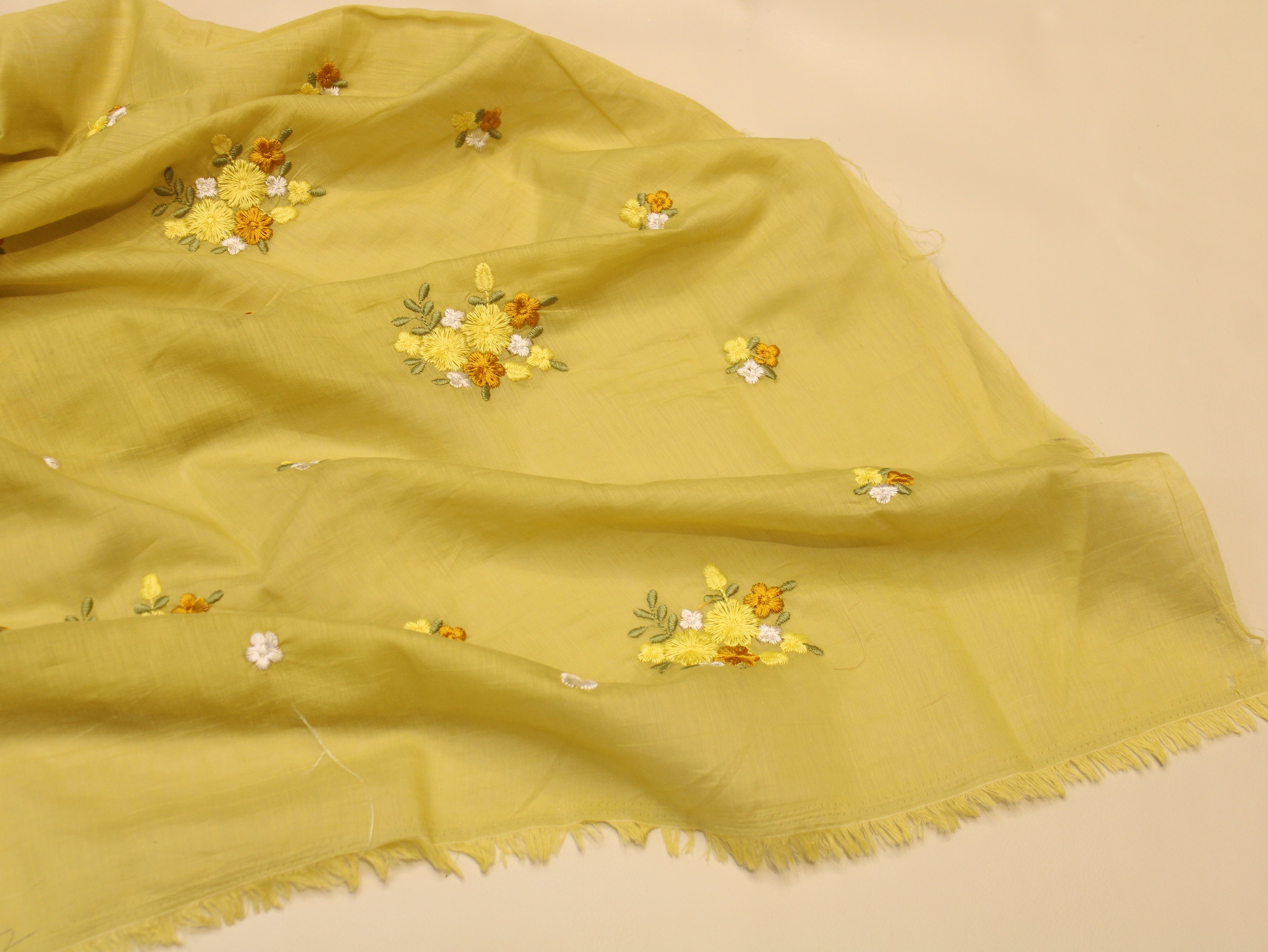 Mal Chanderi Fabric with Floral Bouquet Embroidery — Pastel Yellow