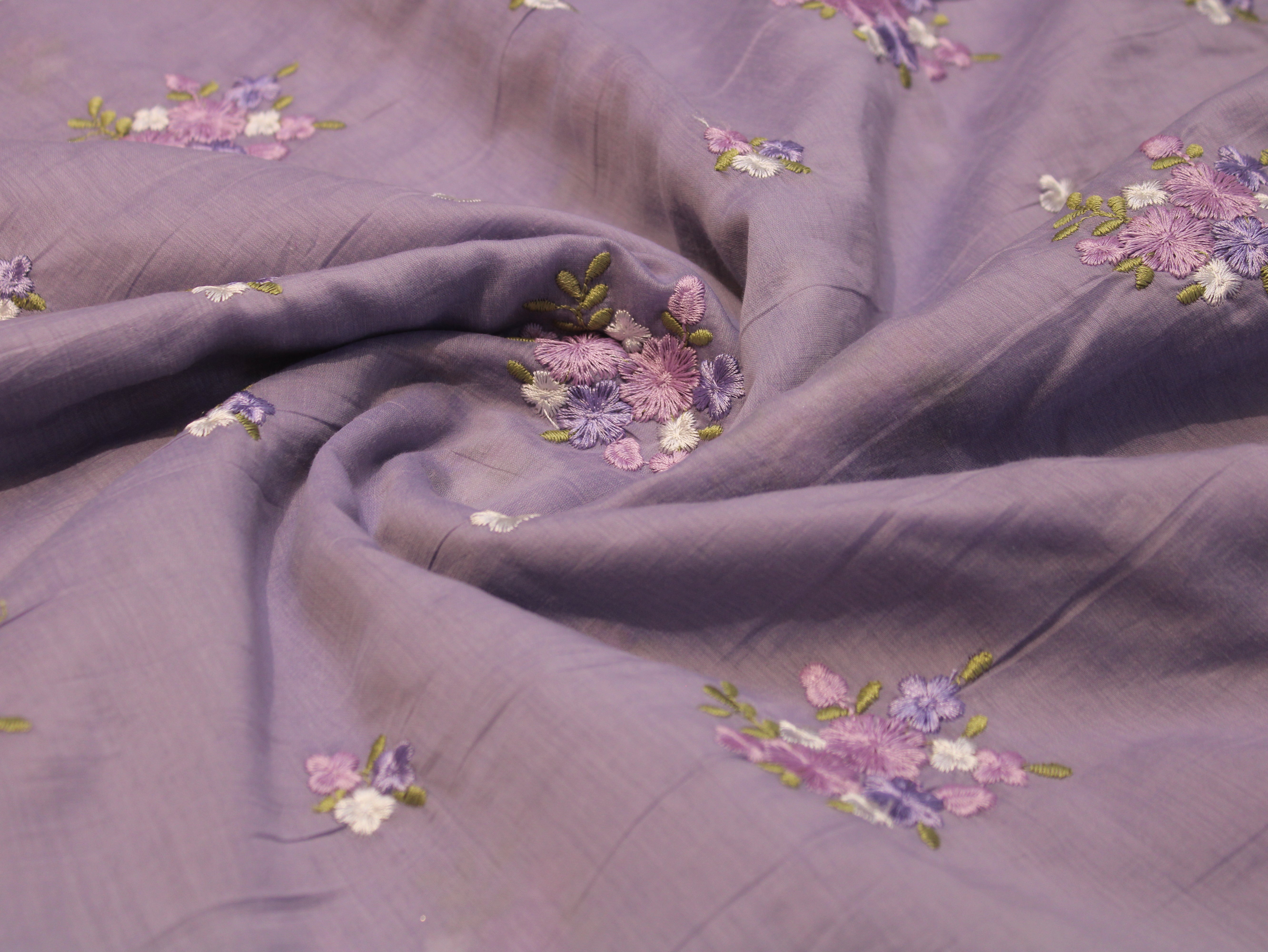 Mal Chanderi Fabric with Floral Bouquet Embroidery — Light Purple