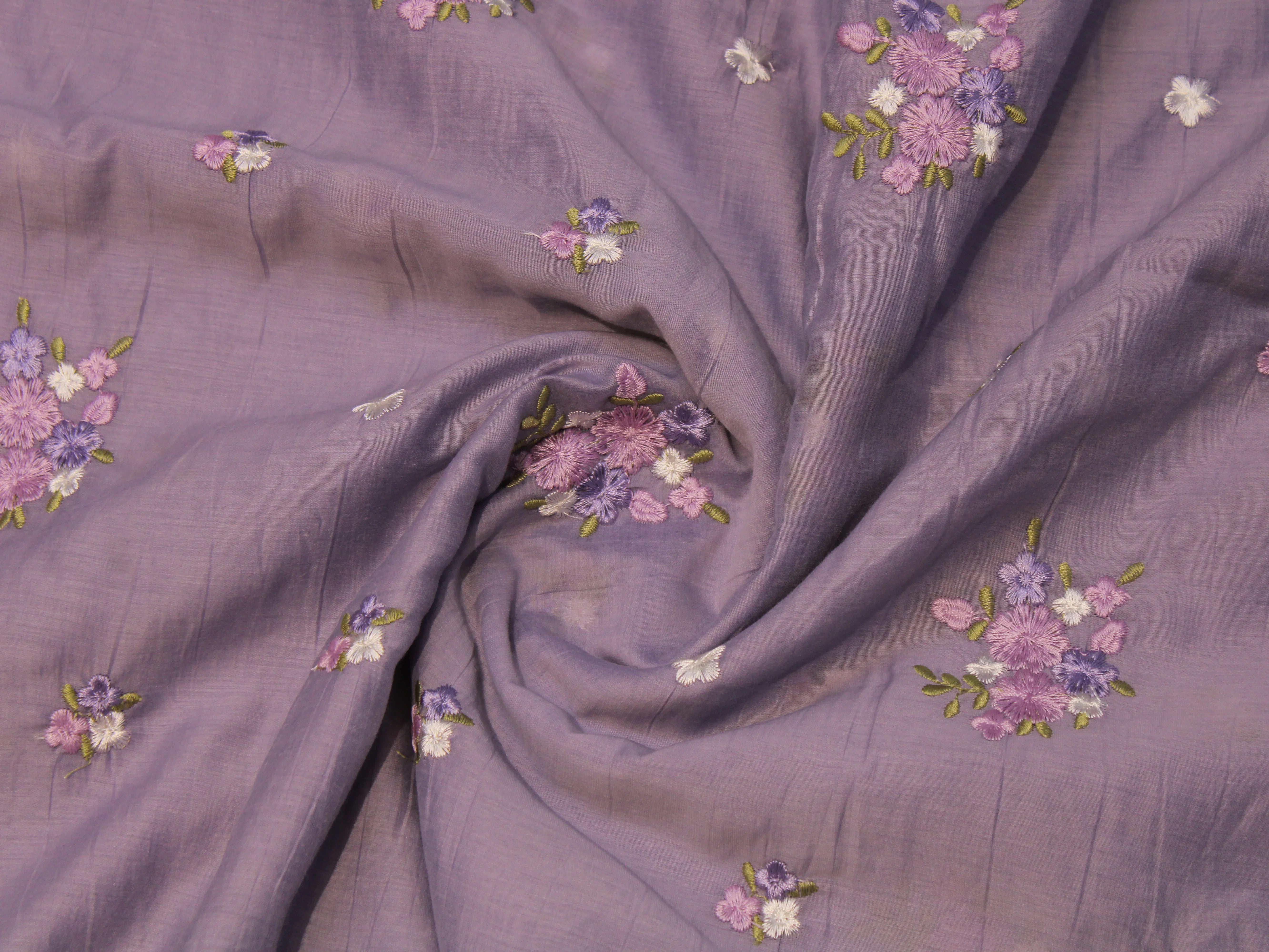 Mal Chanderi Fabric with Floral Bouquet Embroidery — Light Purple