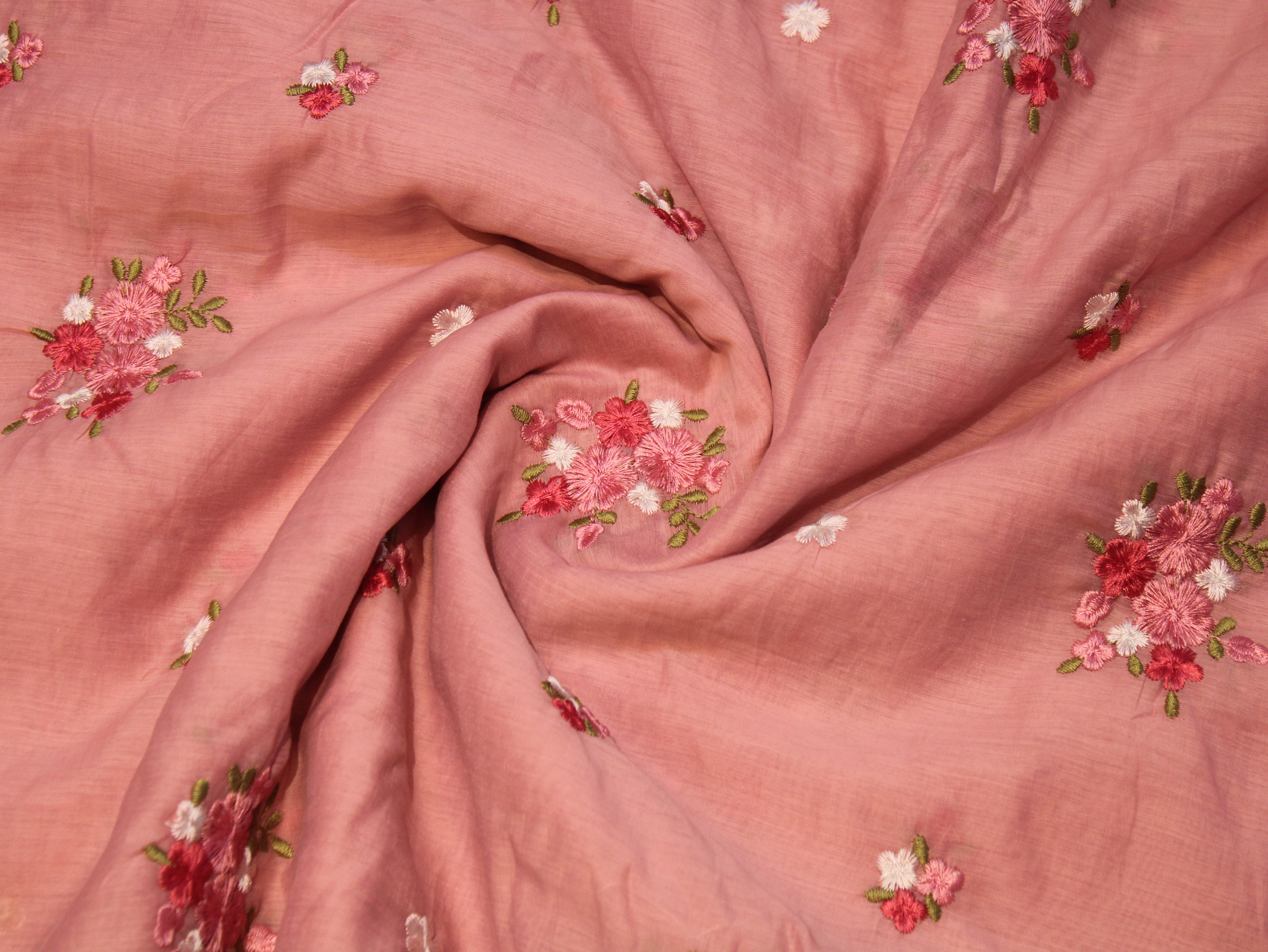 Mal Chanderi Fabric with Floral Bouquet Embroidery — Peach