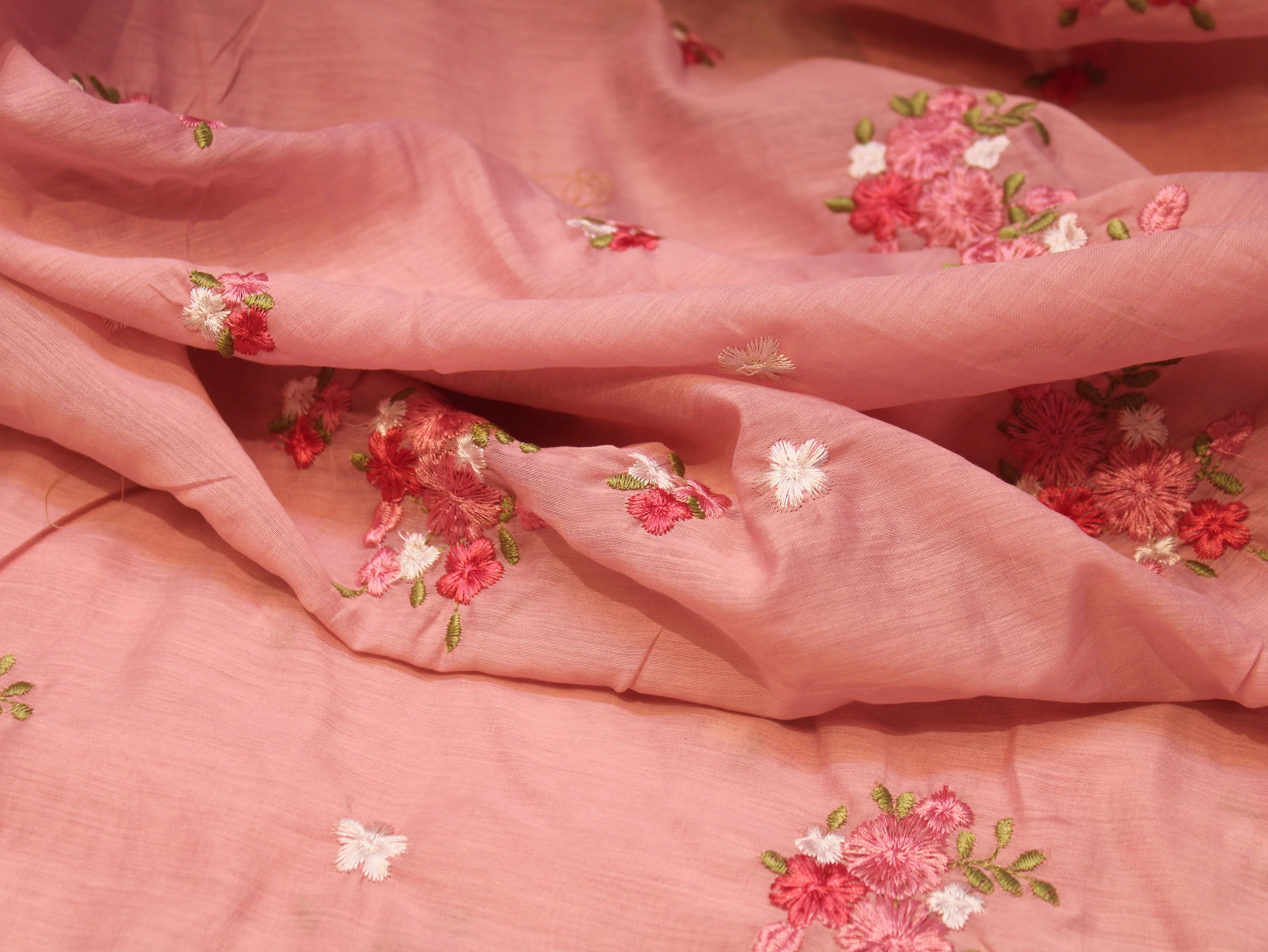 Mal Chanderi Fabric with Floral Bouquet Embroidery — Peach