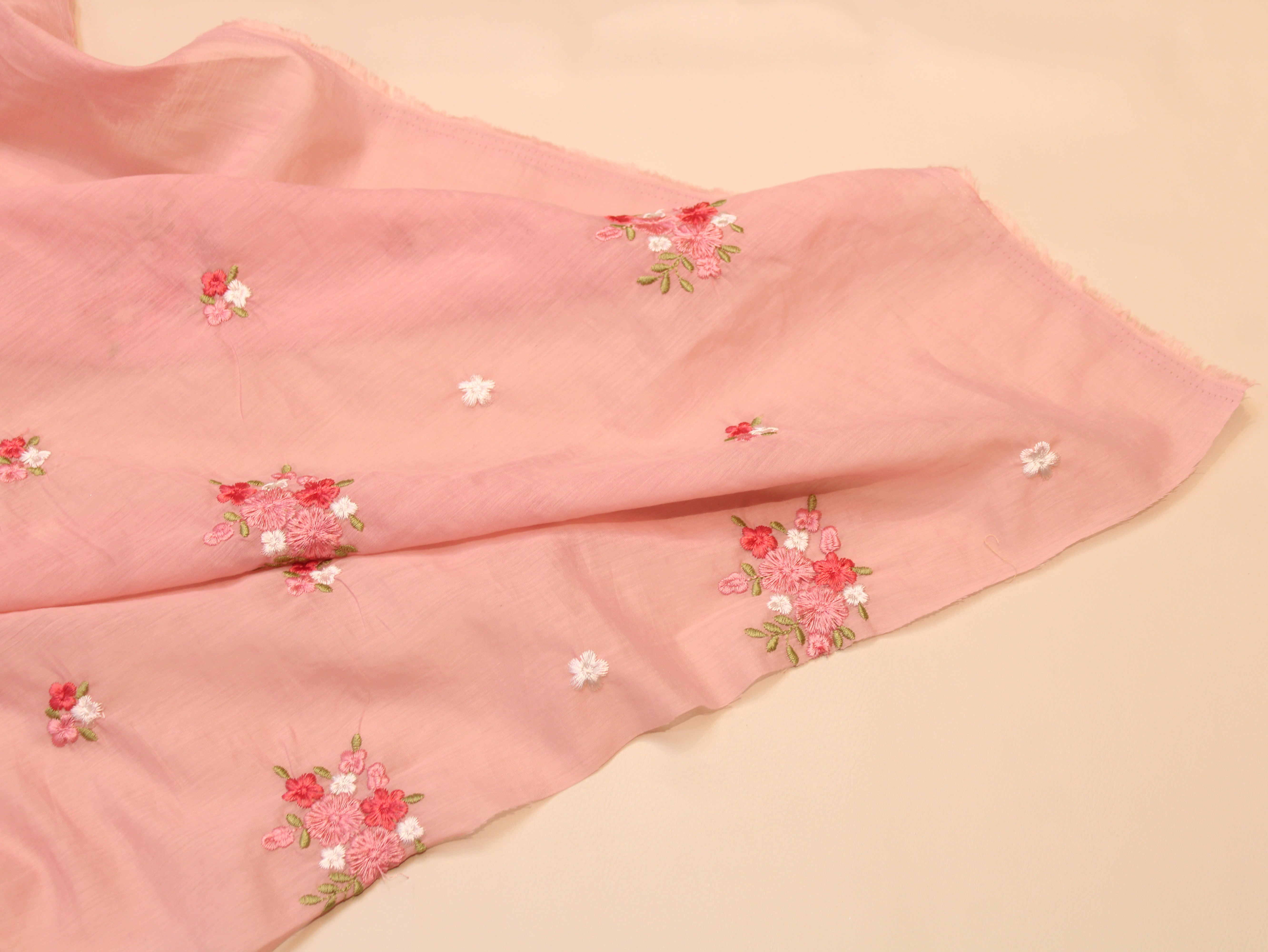 Mal Chanderi Fabric with Floral Bouquet Embroidery — Peach