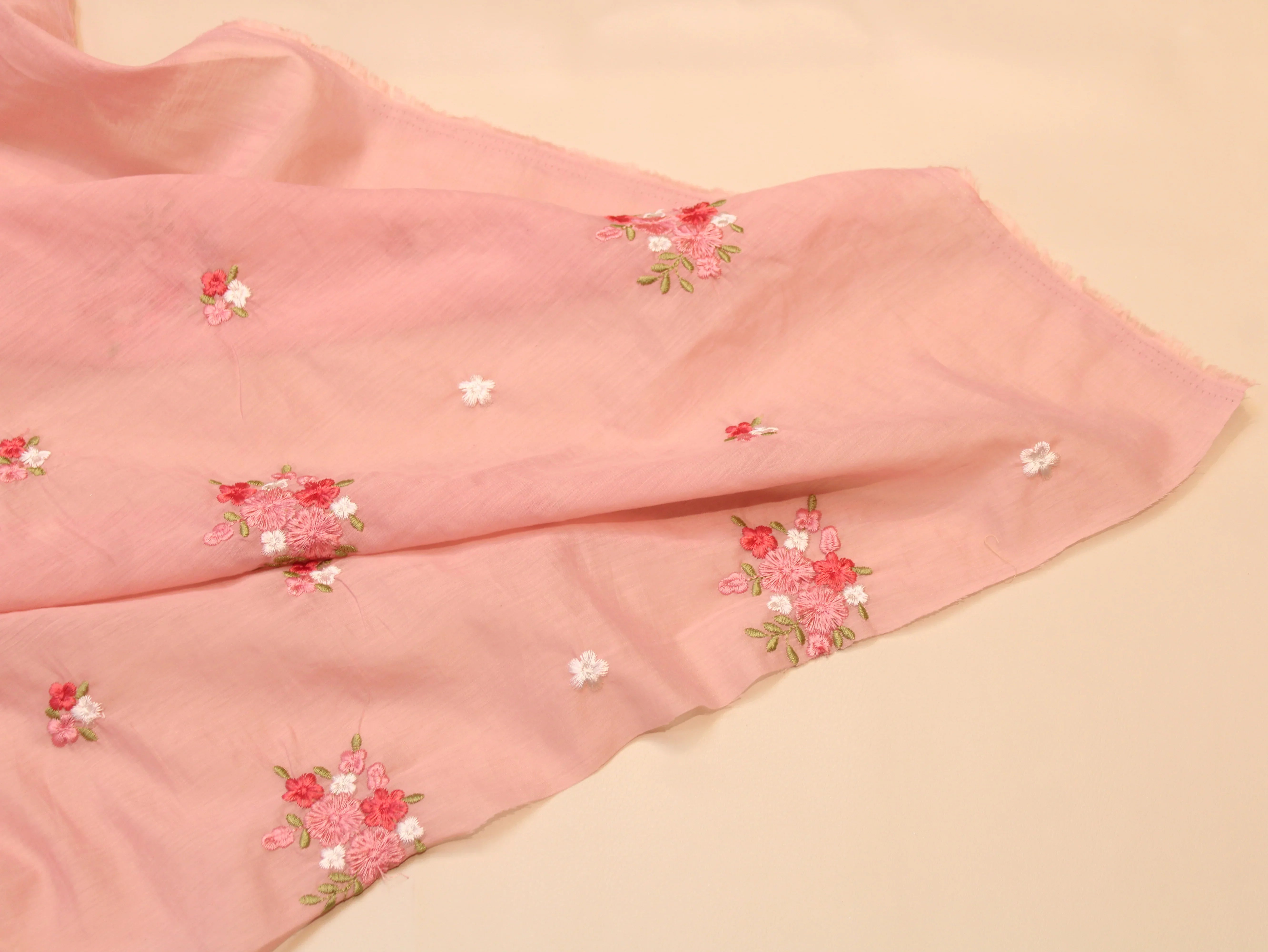 Mal Chanderi Fabric with Floral Bouquet Embroidery — Peach