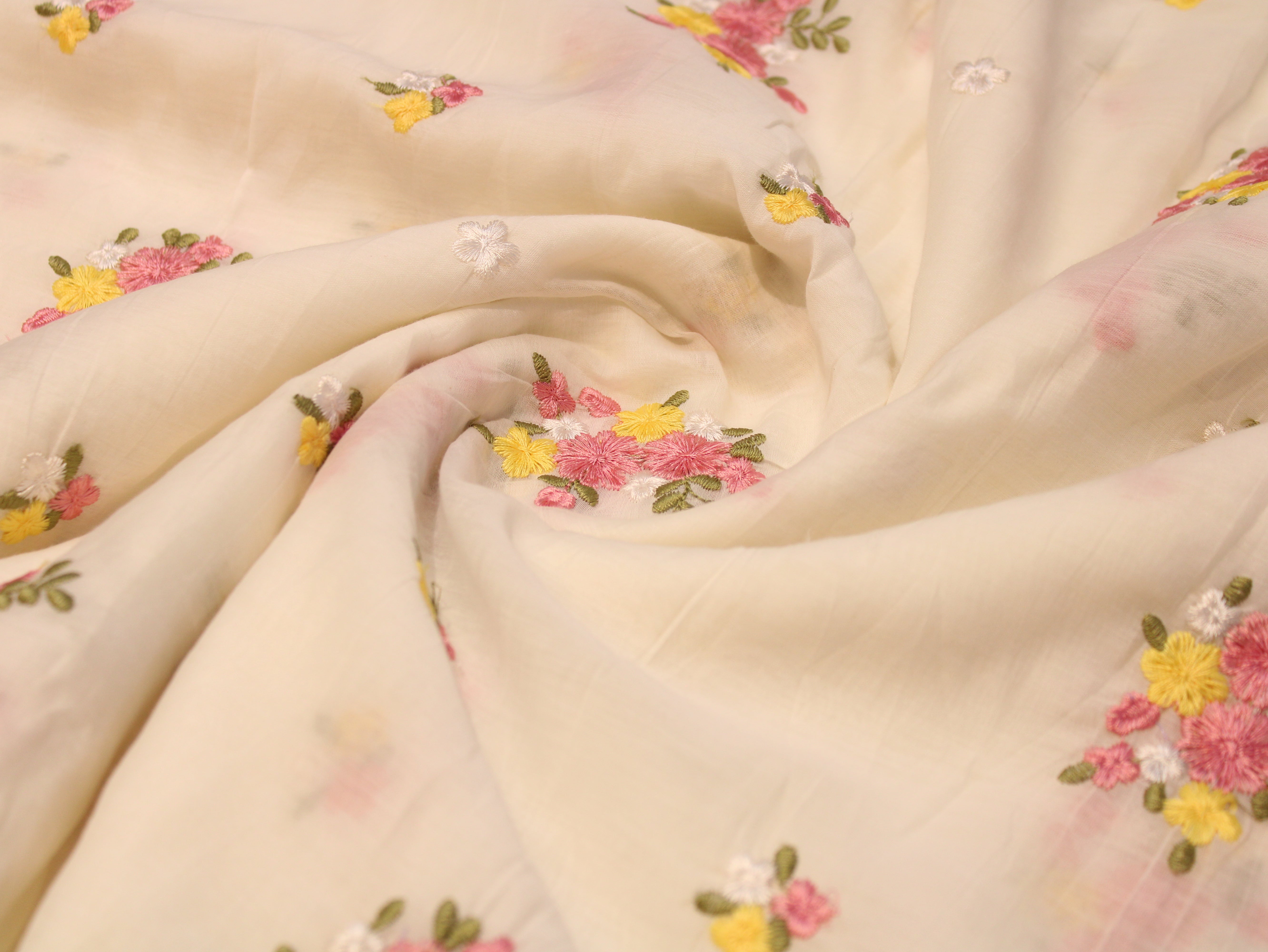 Mal Chanderi Fabric with Floral Bouquet Embroidery — White