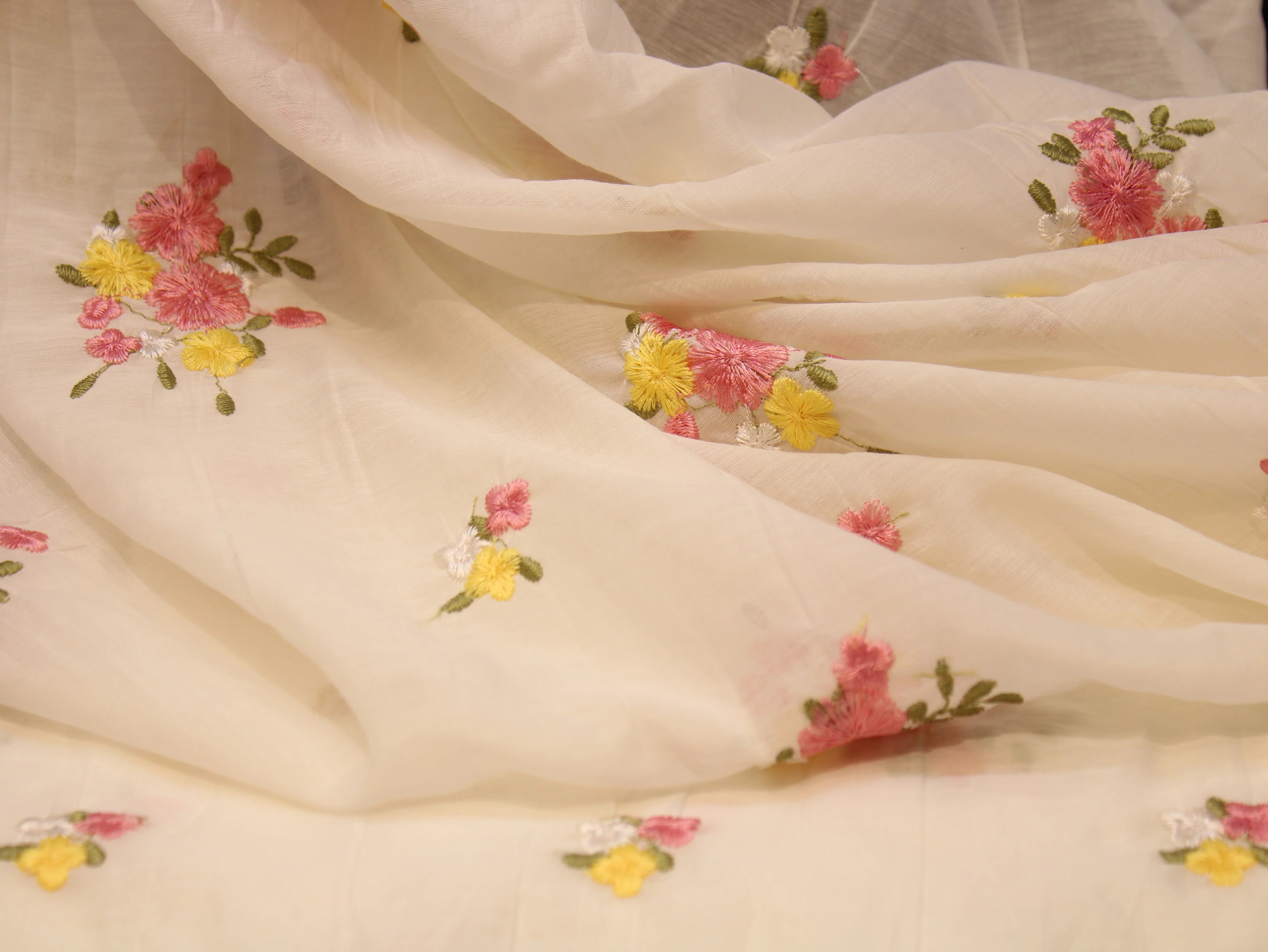 Mal Chanderi Fabric with Floral Bouquet Embroidery — White