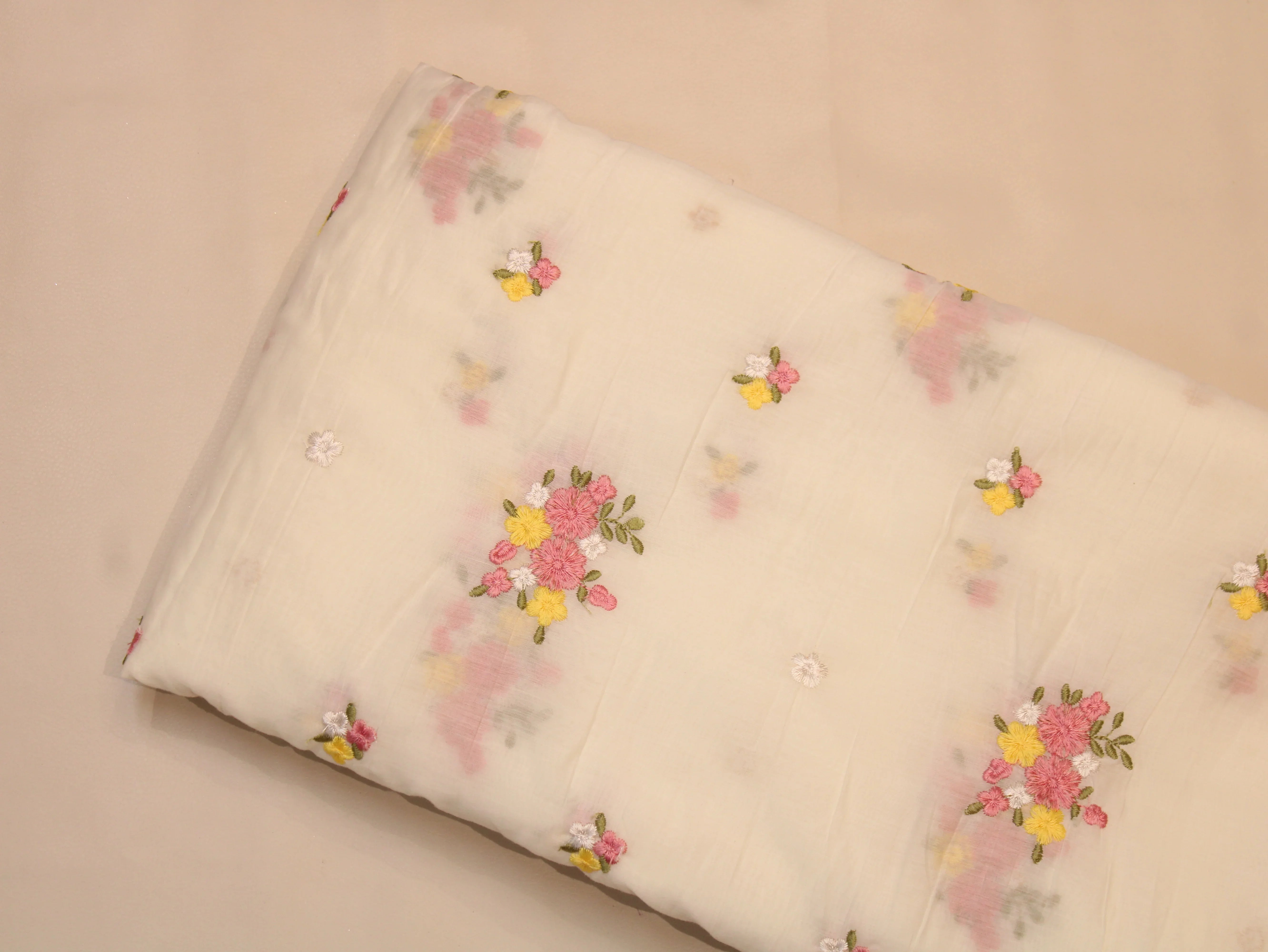 Mal Chanderi Fabric with Floral Bouquet Embroidery — White