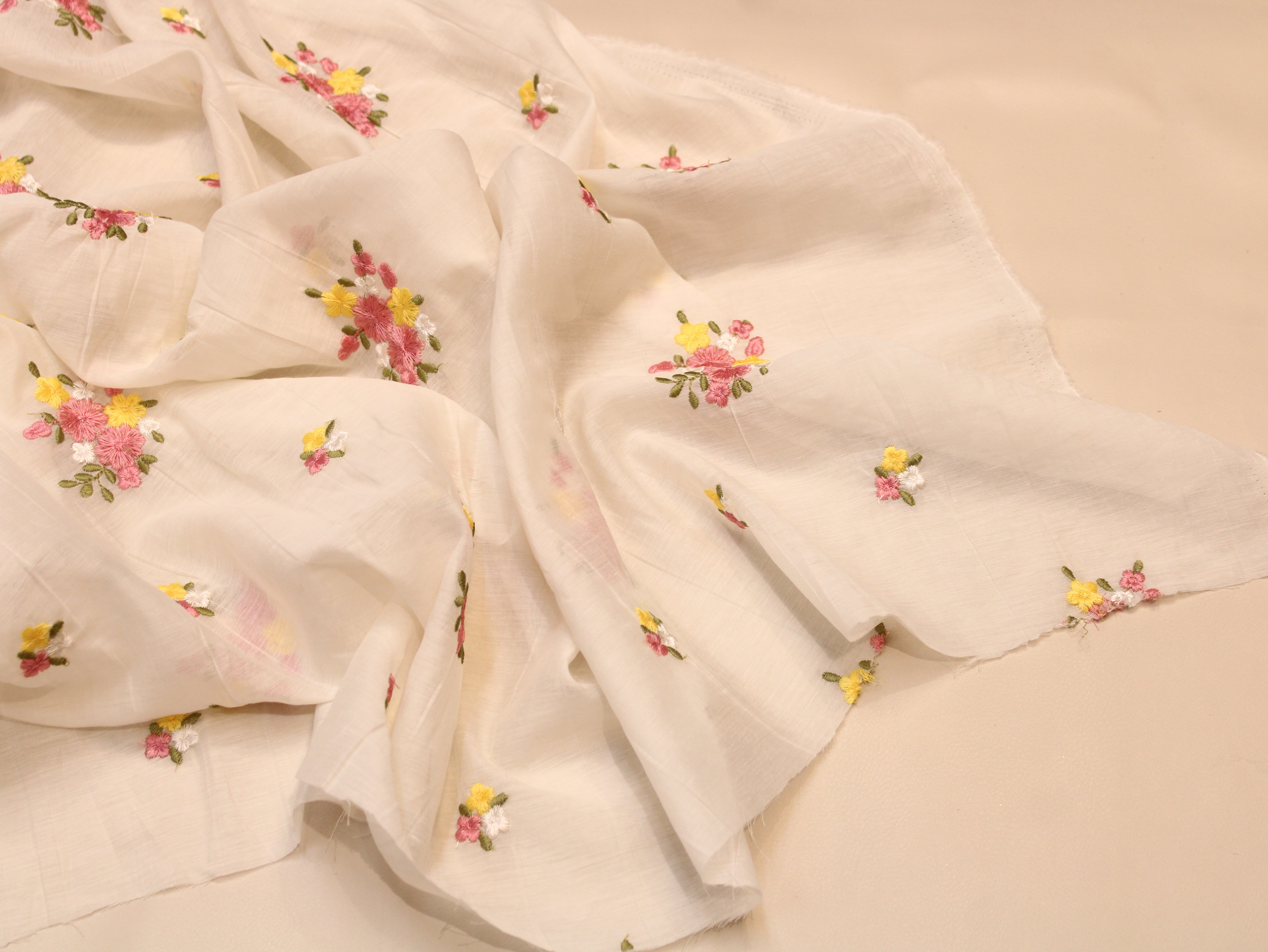 Mal Chanderi Fabric with Floral Bouquet Embroidery — White