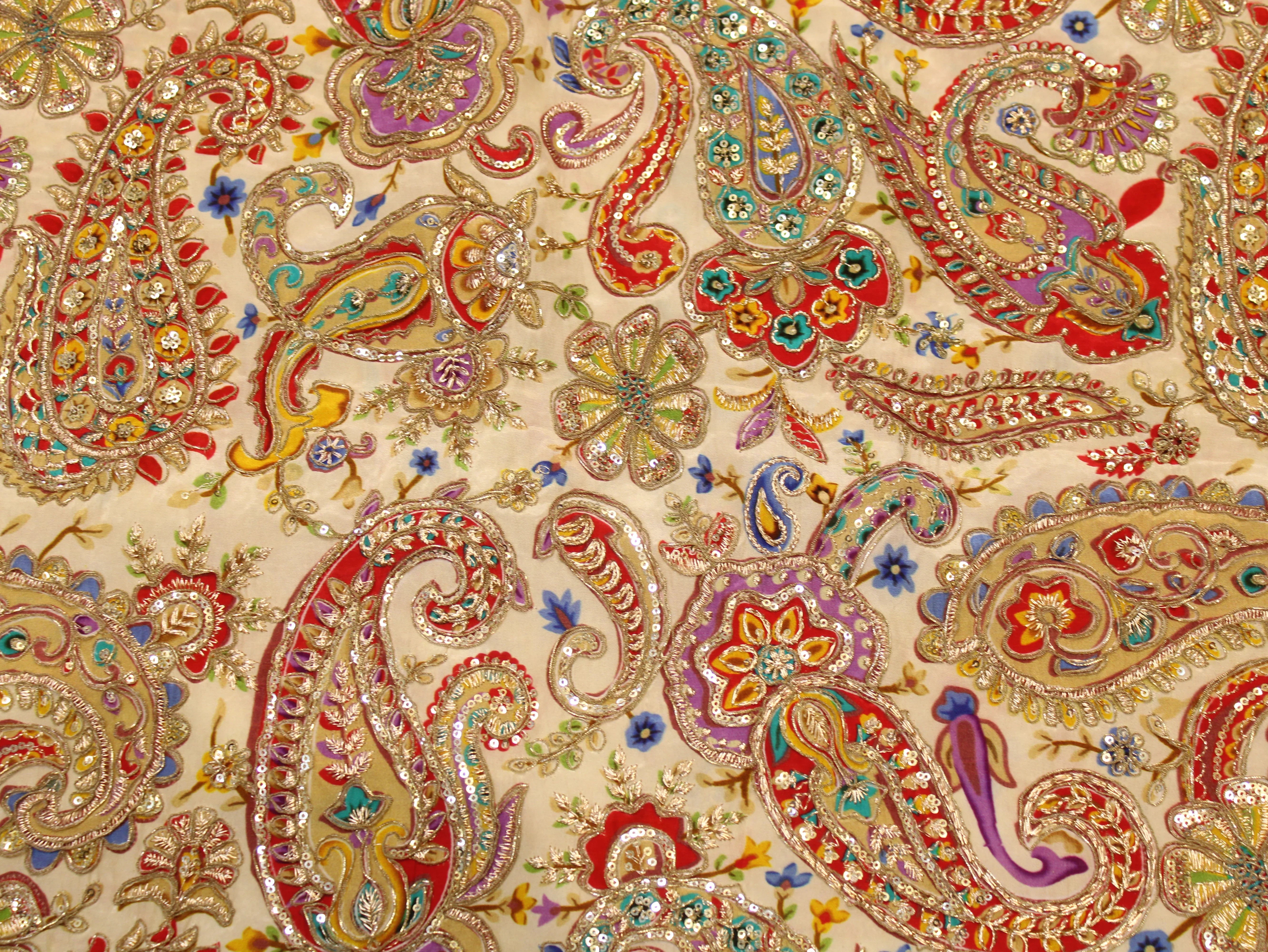 Natural Crepe Fabric — Position & Cording Work | Large Paisley Design | Multicolour | 44 Inch