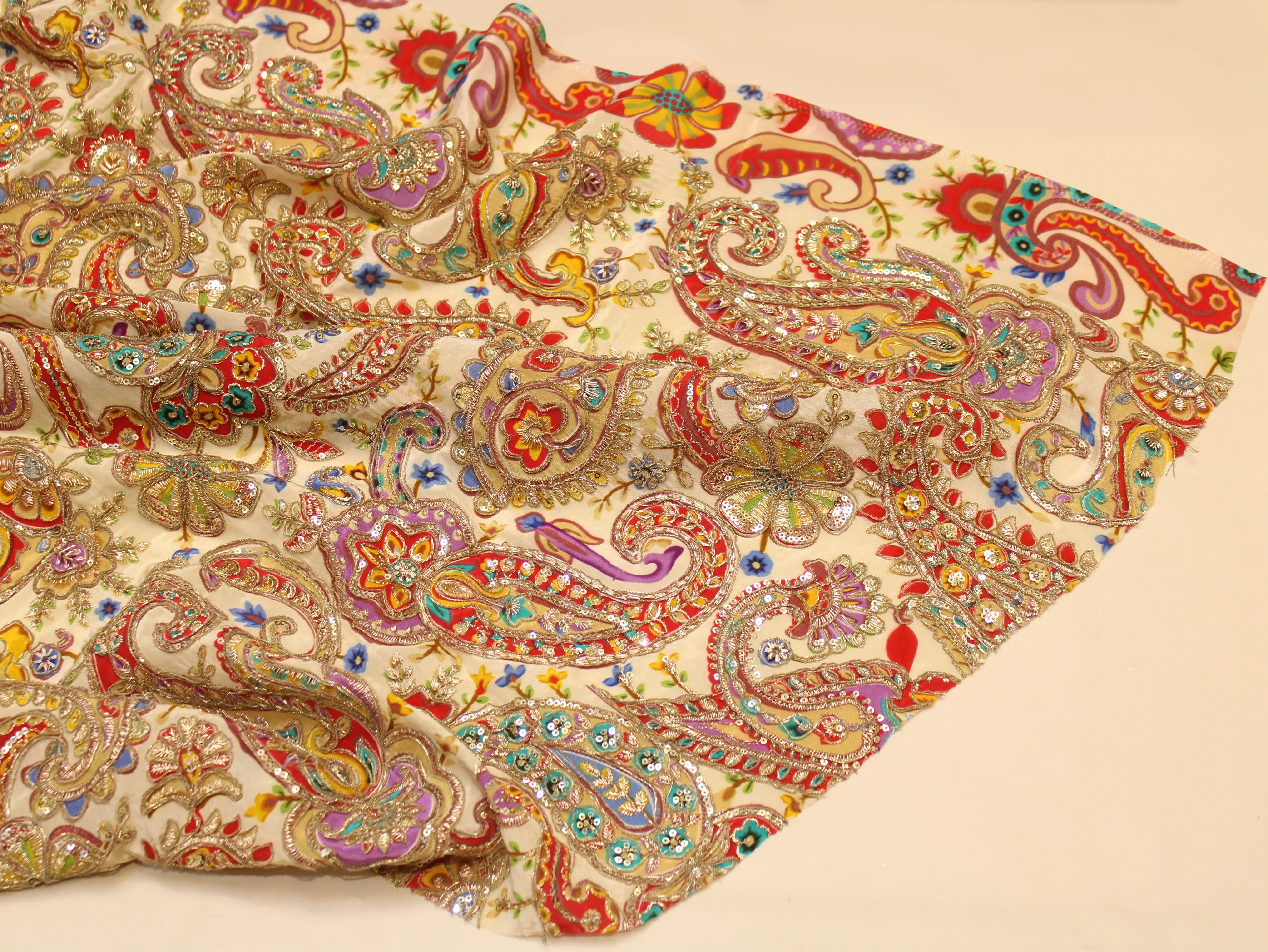 Natural Crepe Fabric — Position & Cording Work | Large Paisley Design | Multicolour | 44 Inch