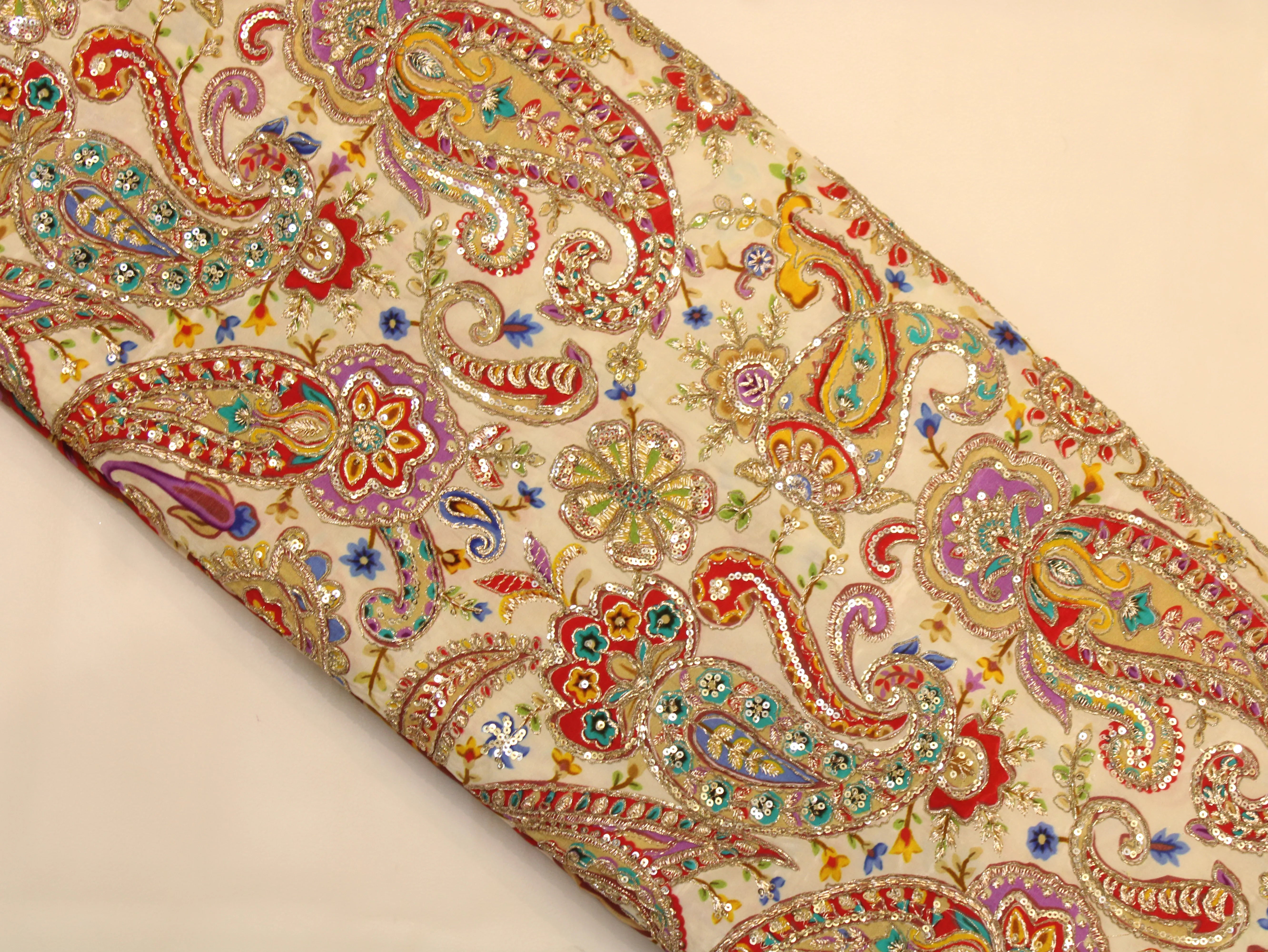 Natural Crepe Fabric — Position & Cording Work | Large Paisley Design | Multicolour | 44 Inch