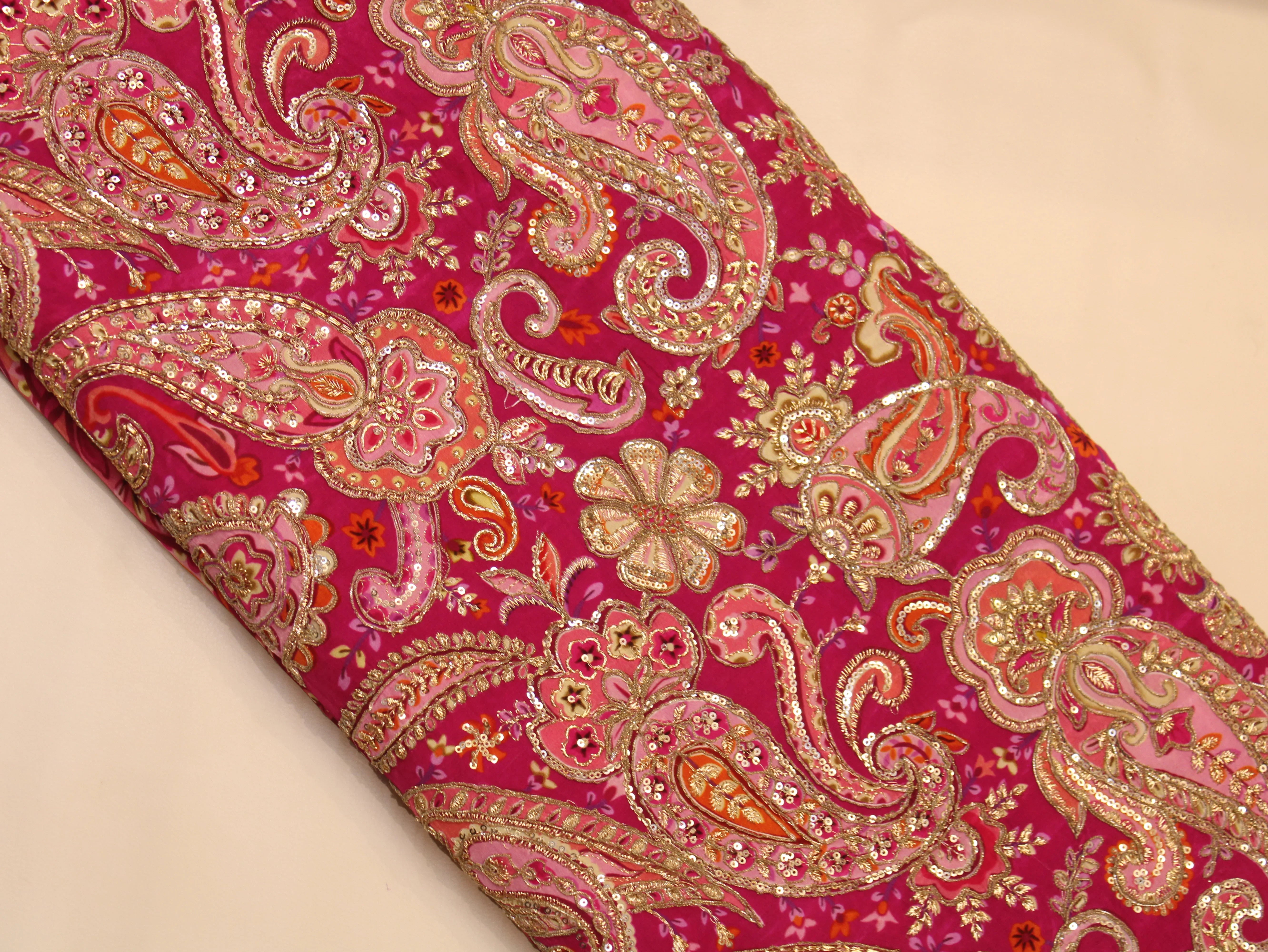 Natural Crepe Fabric — Position & Cording Work | Large Paisley Design | Multicolour | 44 Inch