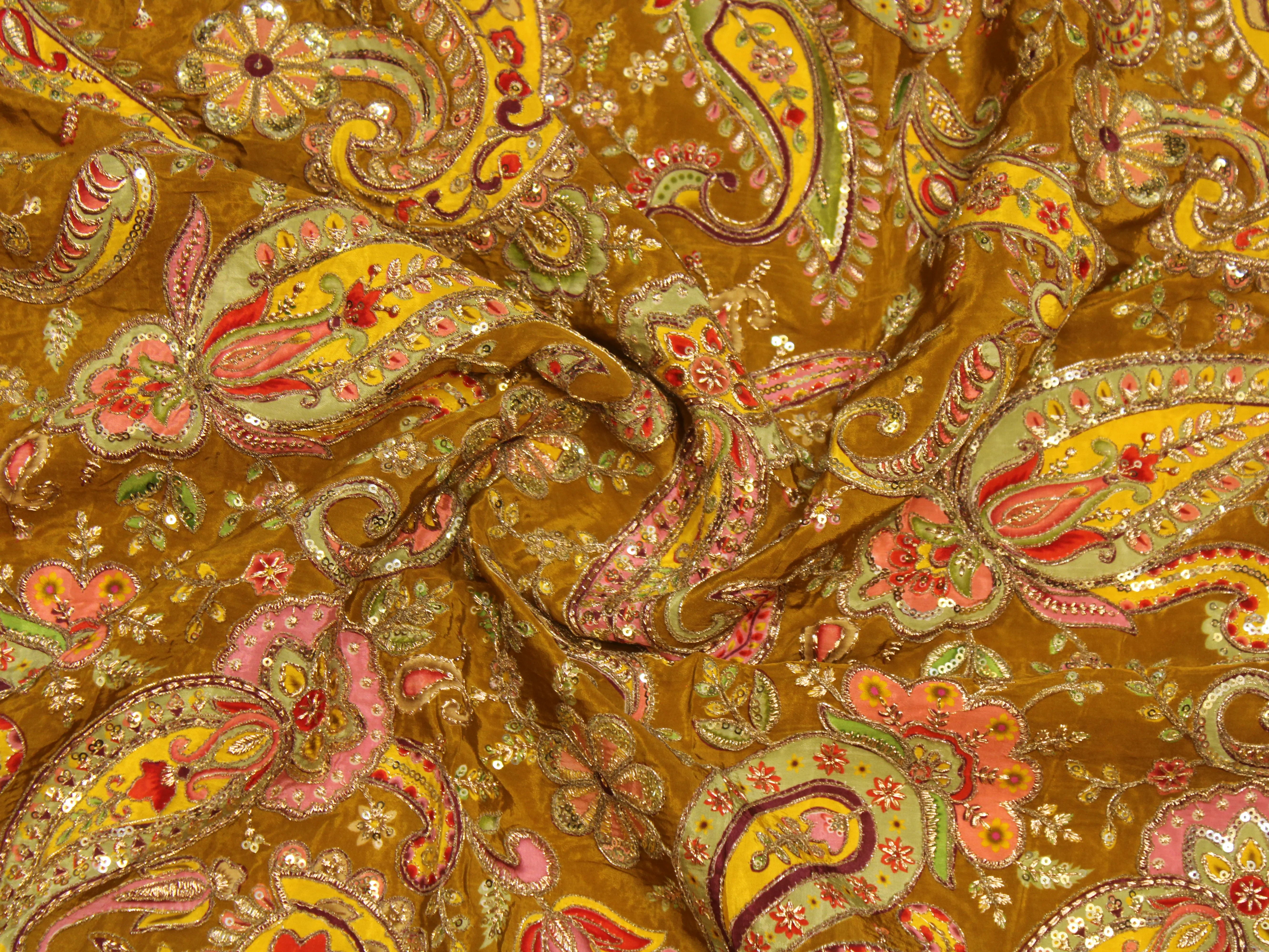 Natural Crepe Fabric — Position & Cording Work | Large Paisley Design | Multicolour | 44 Inch