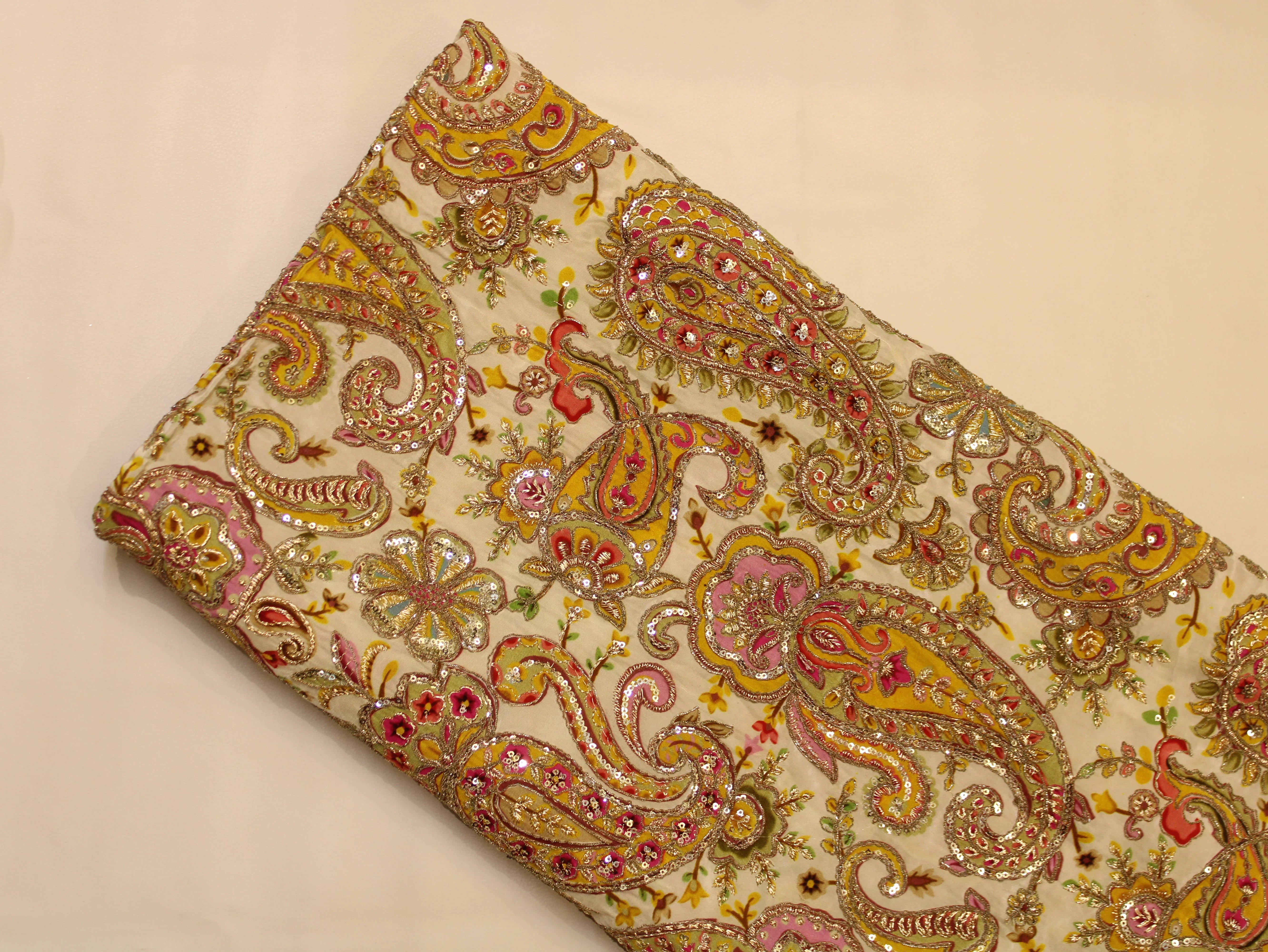 Natural Crepe Fabric — Position & Cording Work | Large Paisley Design | Multicolour | 44 Inch