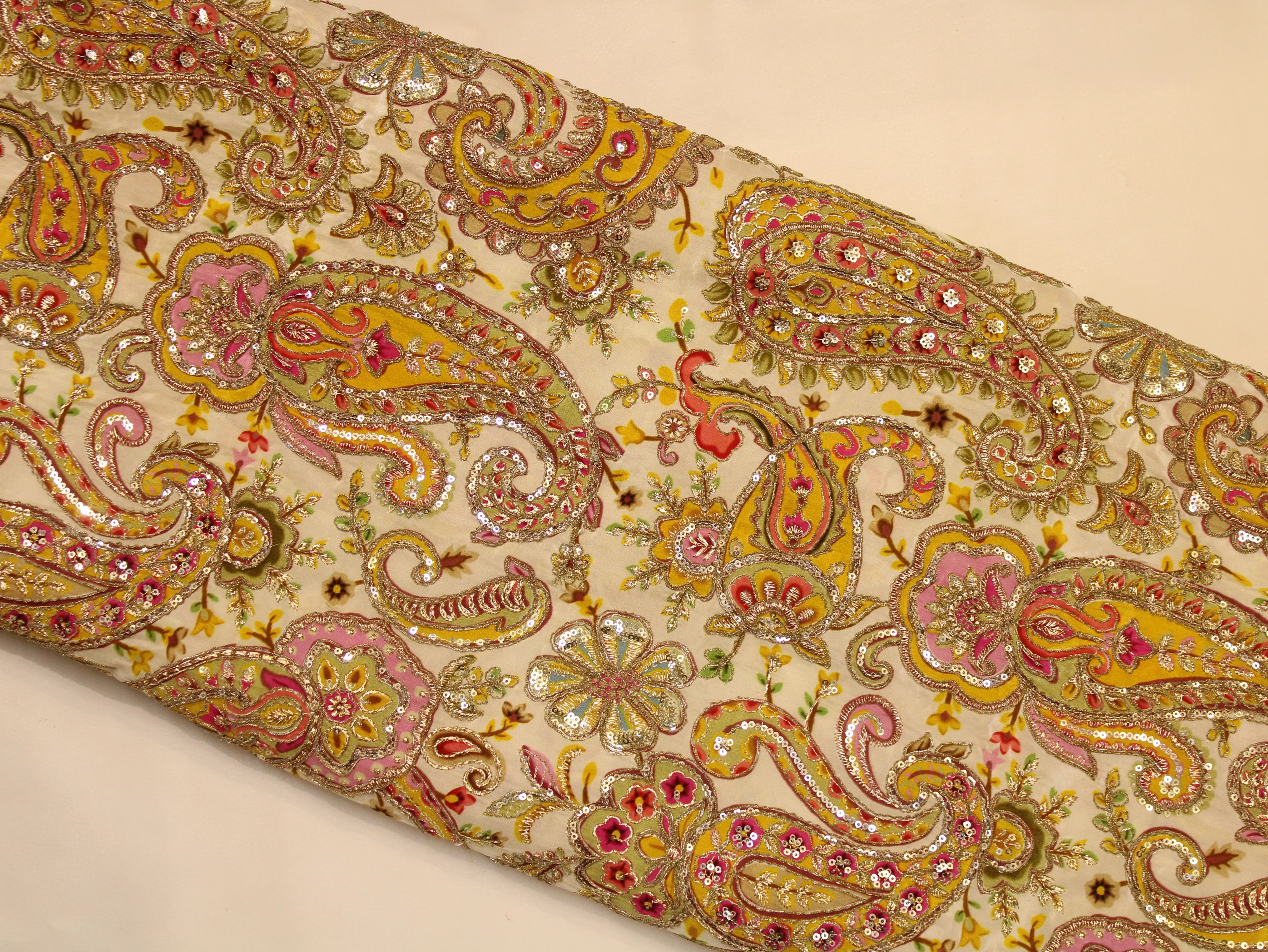 Natural Crepe Fabric — Position & Cording Work | Large Paisley Design | Multicolour | 44 Inch