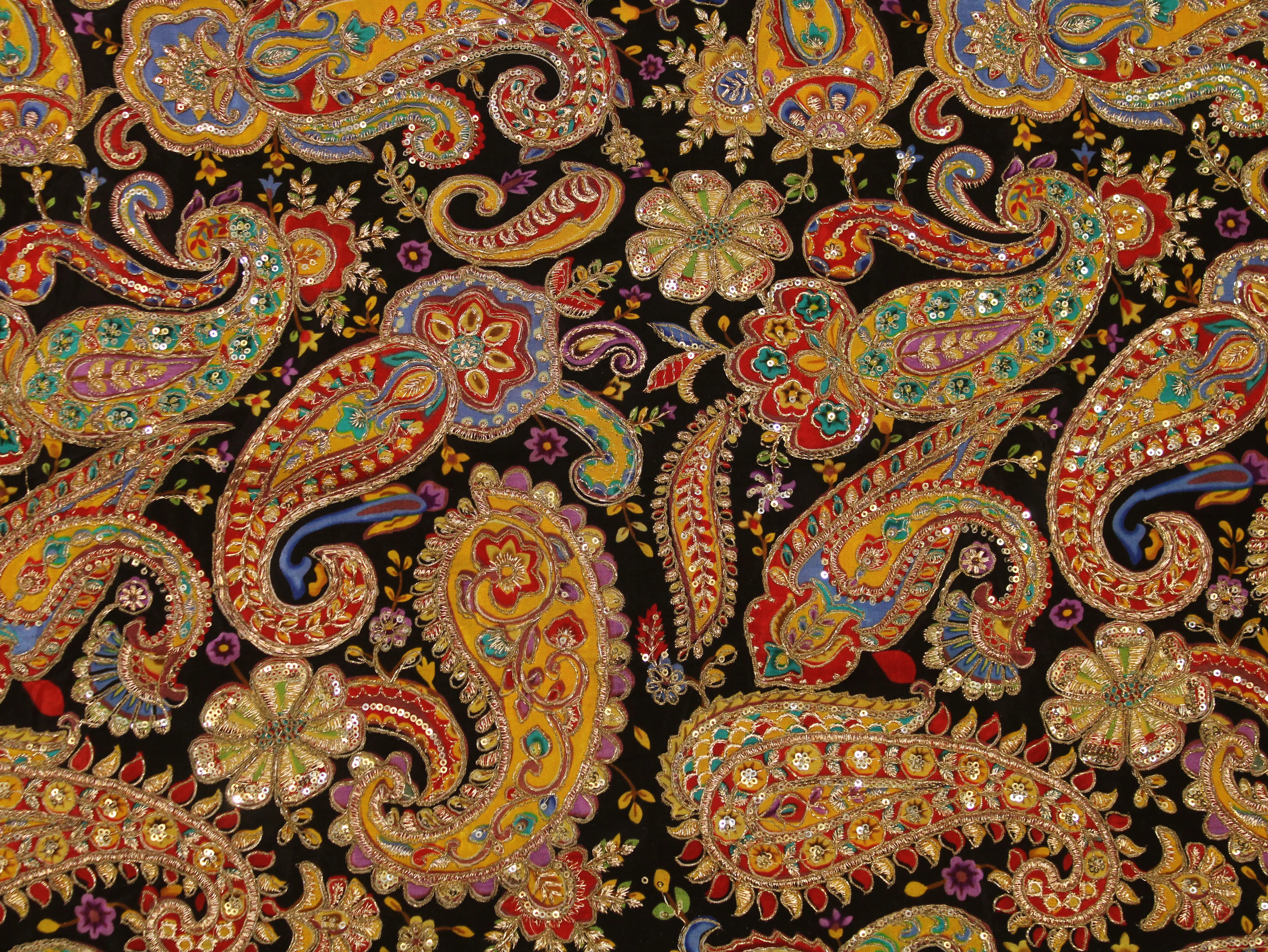 Natural Crepe Fabric — Position & Cording Work | Large Paisley Design | Multicolour | 44 Inch