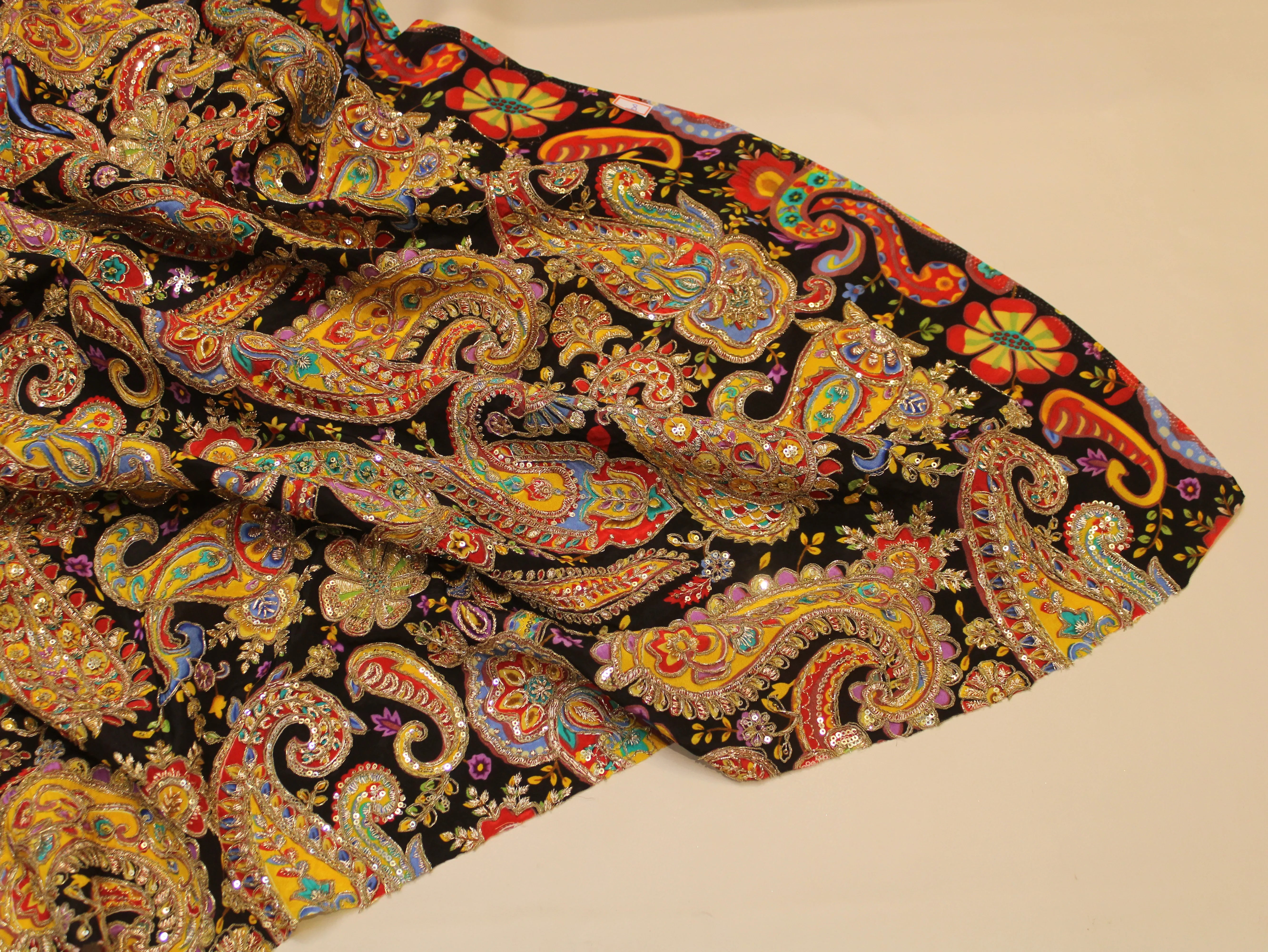 Natural Crepe Fabric — Position & Cording Work | Large Paisley Design | Multicolour | 44 Inch
