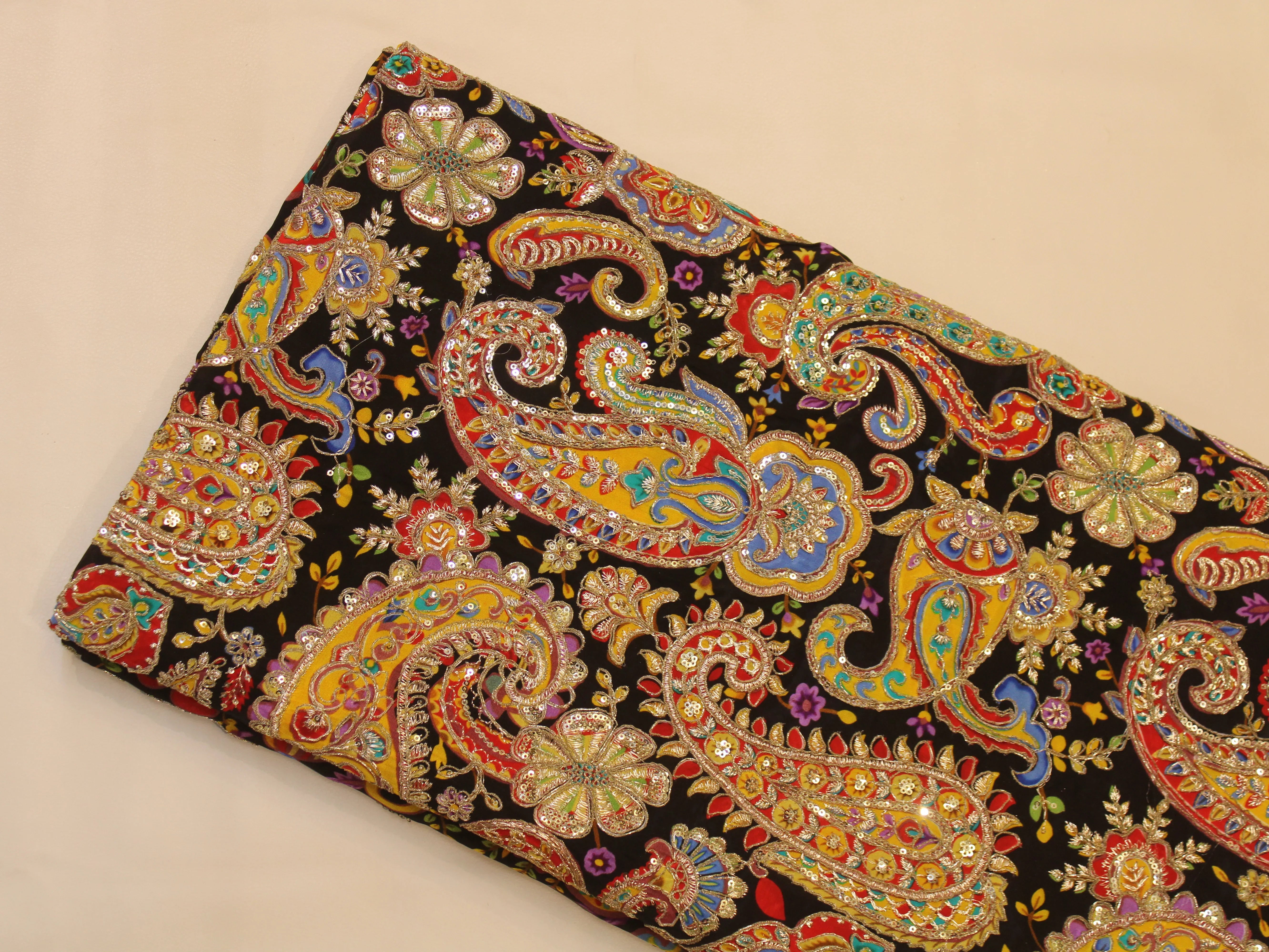 Natural Crepe Fabric — Position & Cording Work | Large Paisley Design | Multicolour | 44 Inch