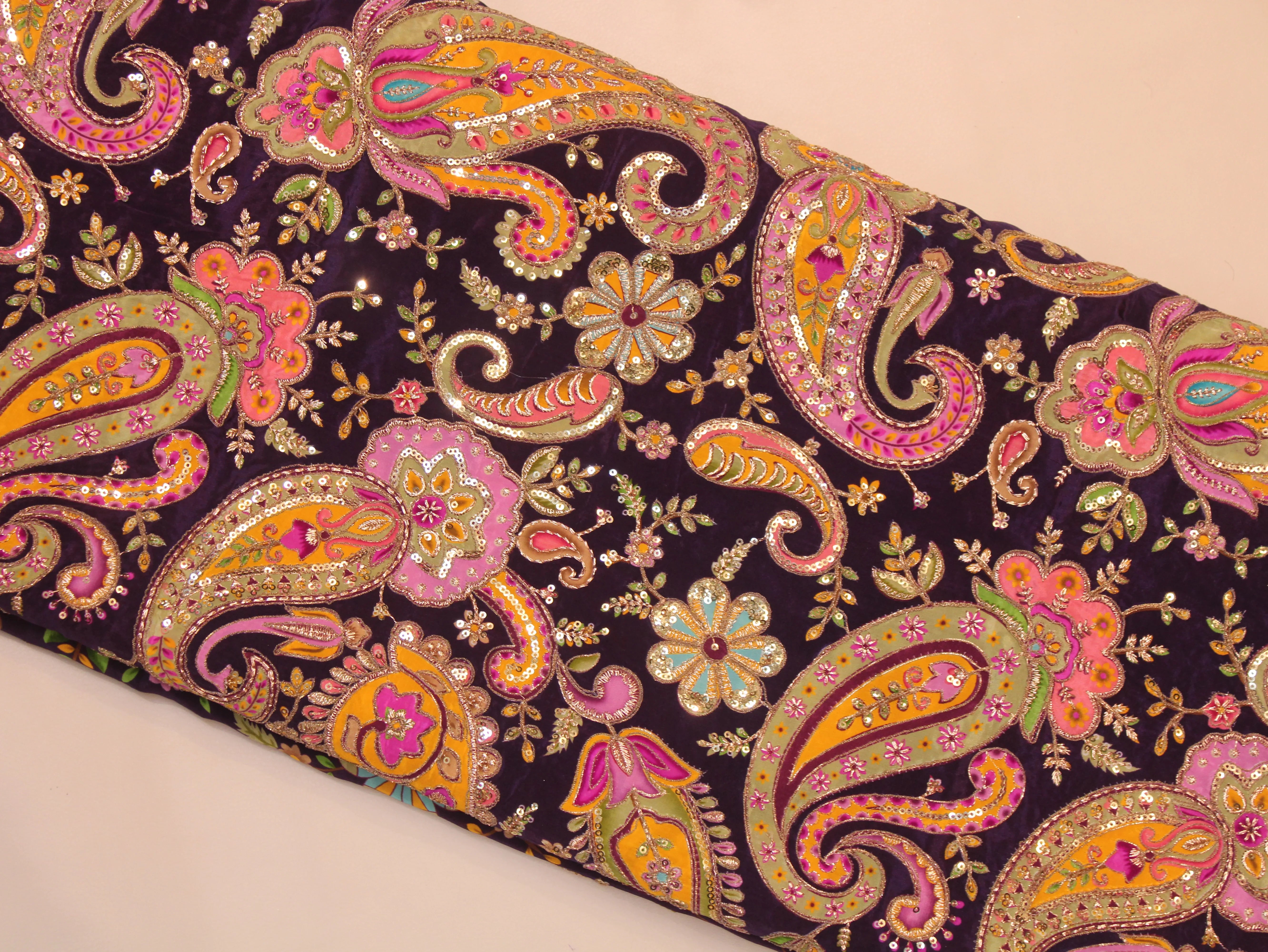 Natural Crepe Fabric — Position & Cording Work | Large Paisley Design | Multicolour | 44 Inch