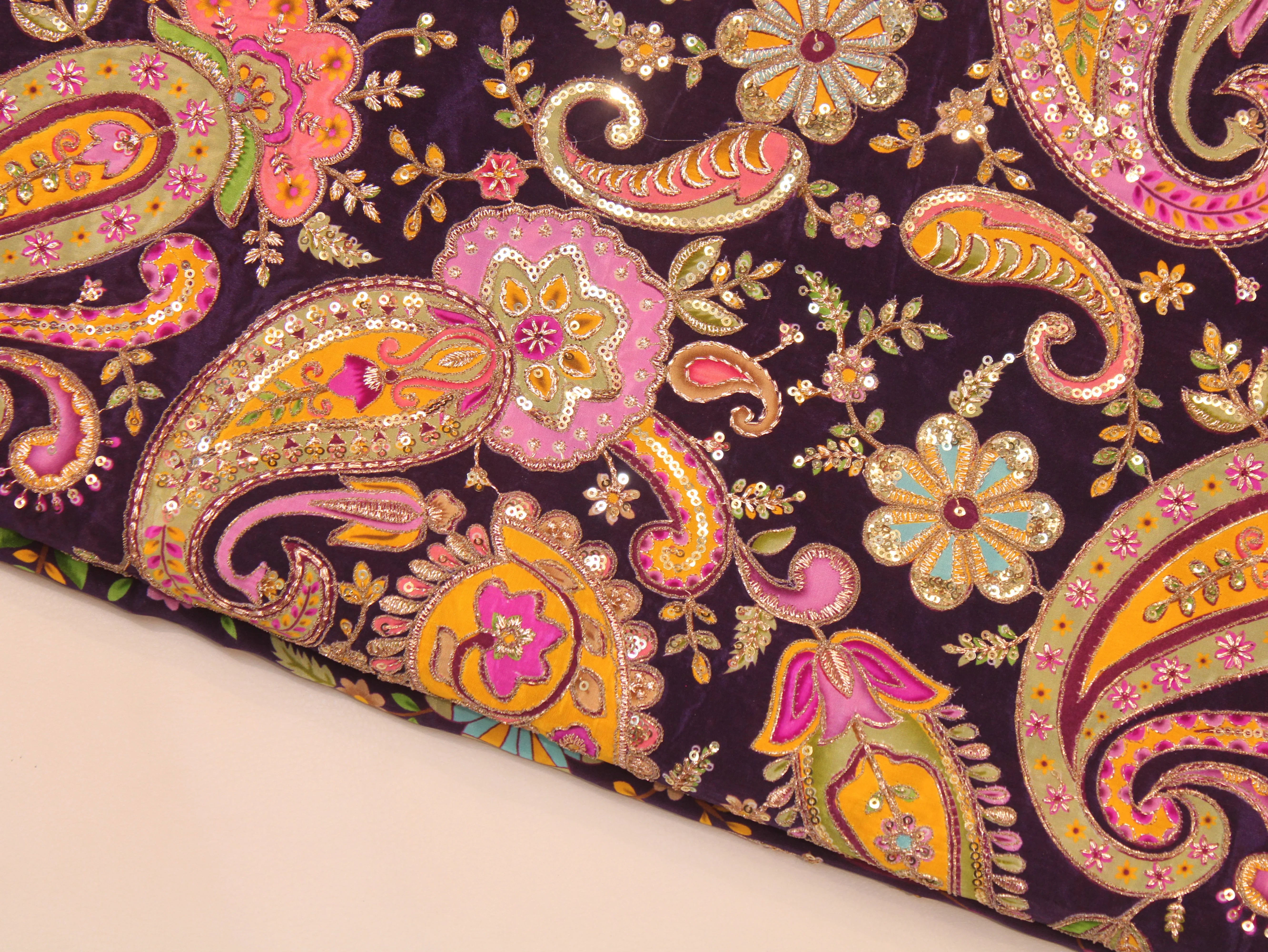 Natural Crepe Fabric — Position & Cording Work | Large Paisley Design | Multicolour | 44 Inch