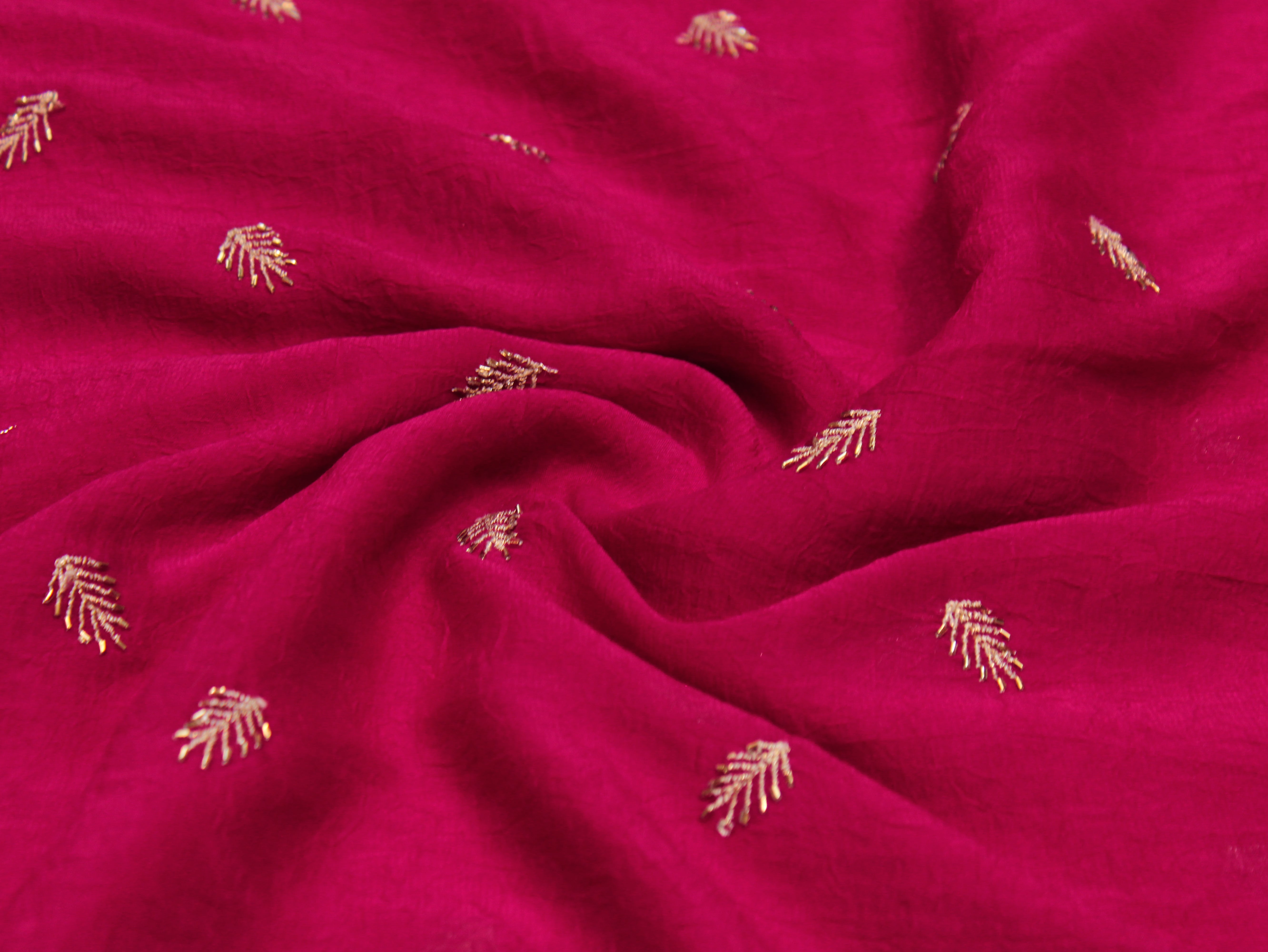 Chinon Silk Fabric — Rani | Gold Zari Feather Butti with Semi Beads | 44 Inch Width